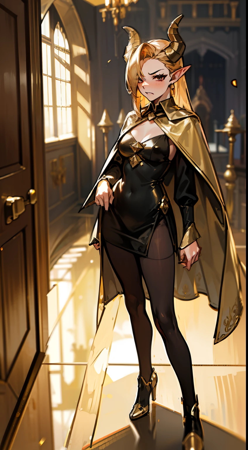 1woman,40s,solo,angry face,golden and black short dress,medium tits,golden hair,long hair,red eyes,elves ears,golden horns,pantyhose,((cape)),hair over one eye,gold high heels,(((standing in front of a room inside a castle)))