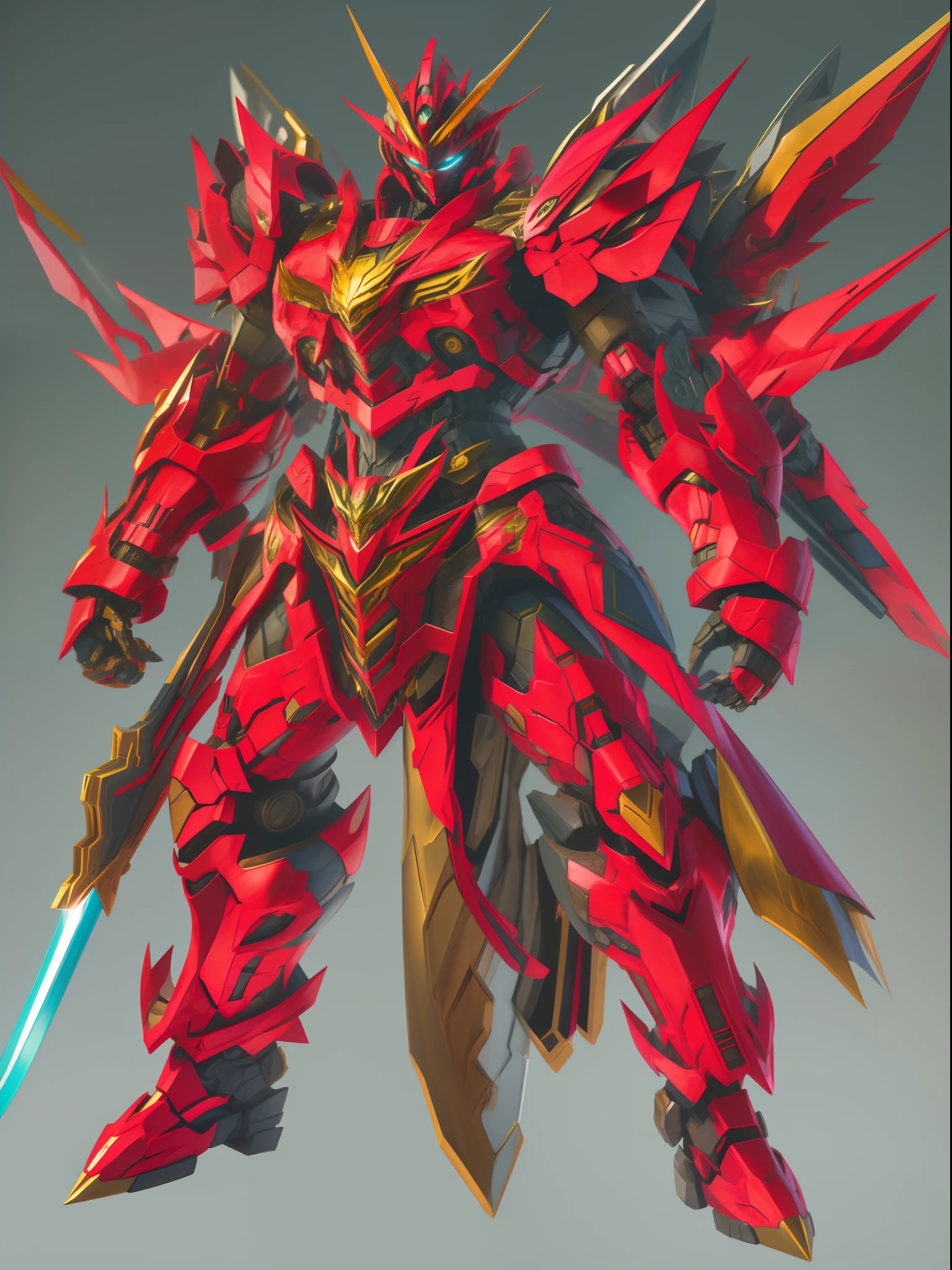 Close-up of a man holding a sword and armor, gurenn lagann, getter robo, Katana Zero video game character, concept art of omegamon, Red armor, full body zenkai! asuka suit, super robot wars, High-tech red armor, anime mech armor, inspired by Hiromu Arakawa, greek god in mecha style