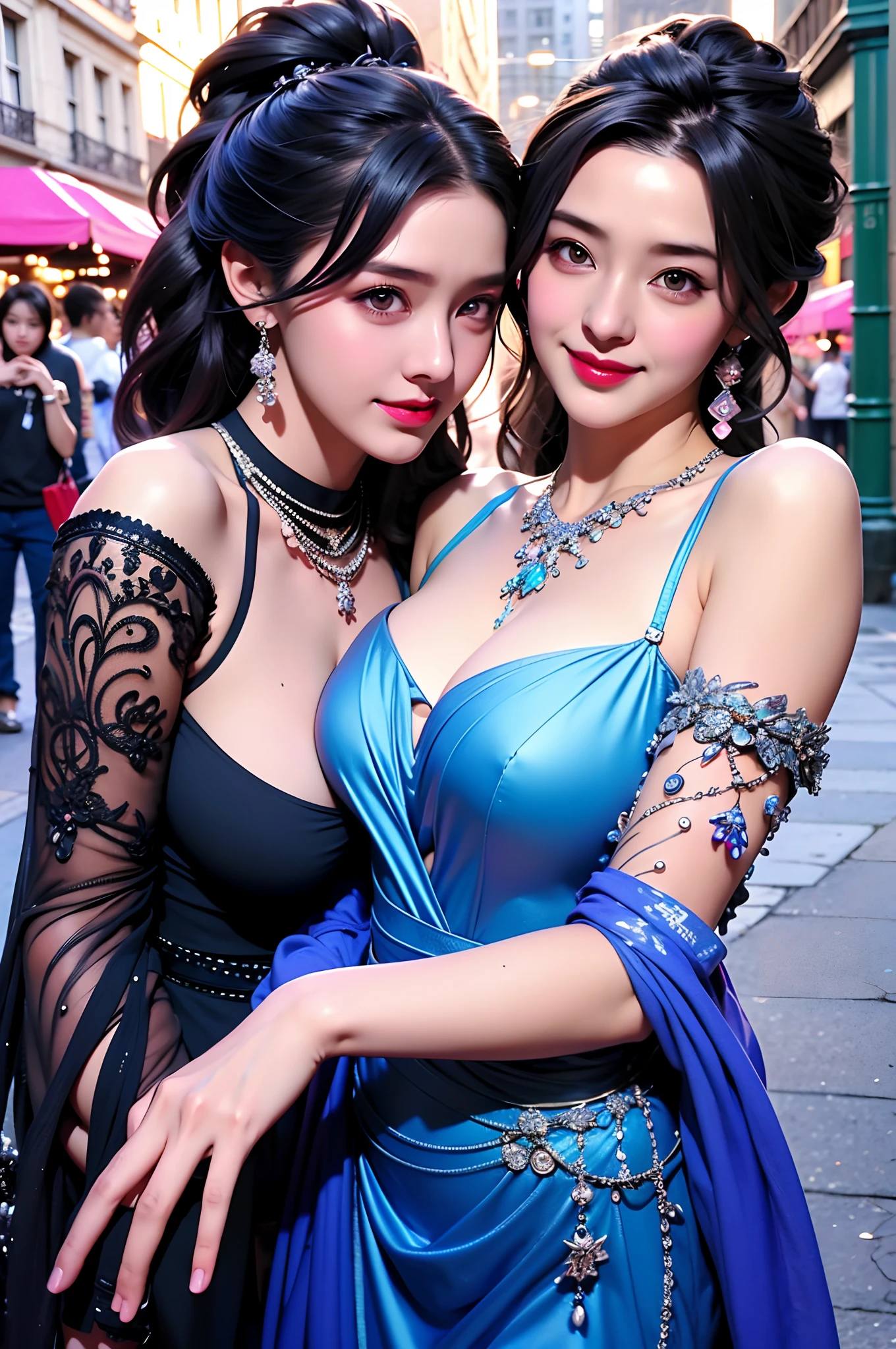 Best Quality, Masterpiece, Extremely Detailed, High Resolution, 4K, Ultra High Resolution, Detailed Shadows, Perfect Light and Shadow,duo, Two Girls in Stylish Clothes Taking Selfies on the Street, fantastical world,Colorful Braids, Anime Role Play, Anime Style Mixed Fujifilm, Cute, Big Laugh, Big, Sexy,(alebrijes art style),pureerosface_v1,ulzzang-6500-v1.1,fantastical clothing,princess eyes round pupils,fantastical necklaces,fantastical ribbons,fantastical rings,fantastical jewelry,fantastical hair ornament,fantastical belt,studio light,