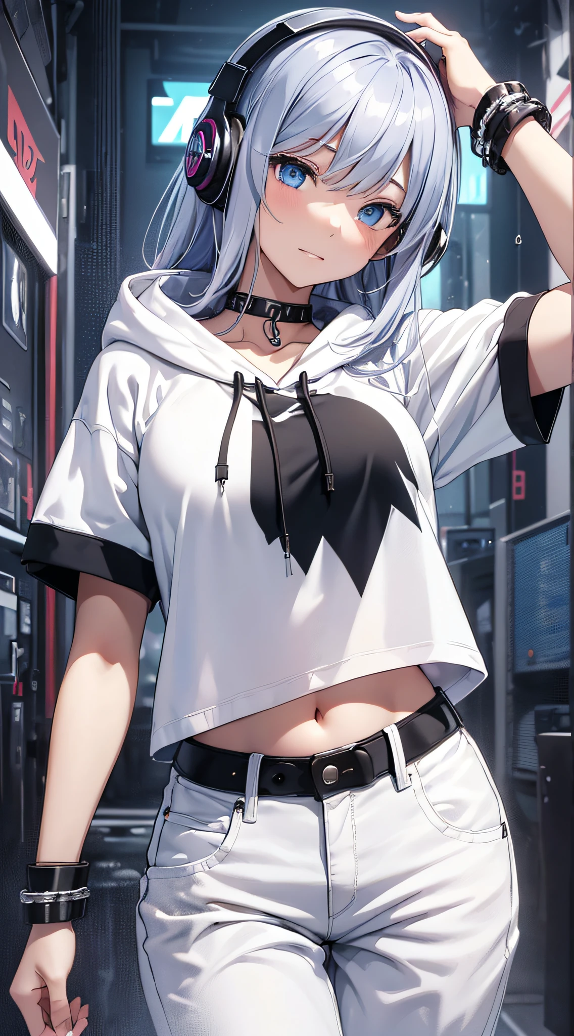 top-quality、Top image quality、​masterpiece、girl with((18year old、Black navel exposes short sleeve hoodie、White pants、Best Bust、Bust 85、silber hair、Disturbed shortcuts、Blue eyes、open chest wide、Happiness、Chain Accessories、Put on headphones、dance)）hiquality、visualart、Background with((Virtual Live))、masutepiece