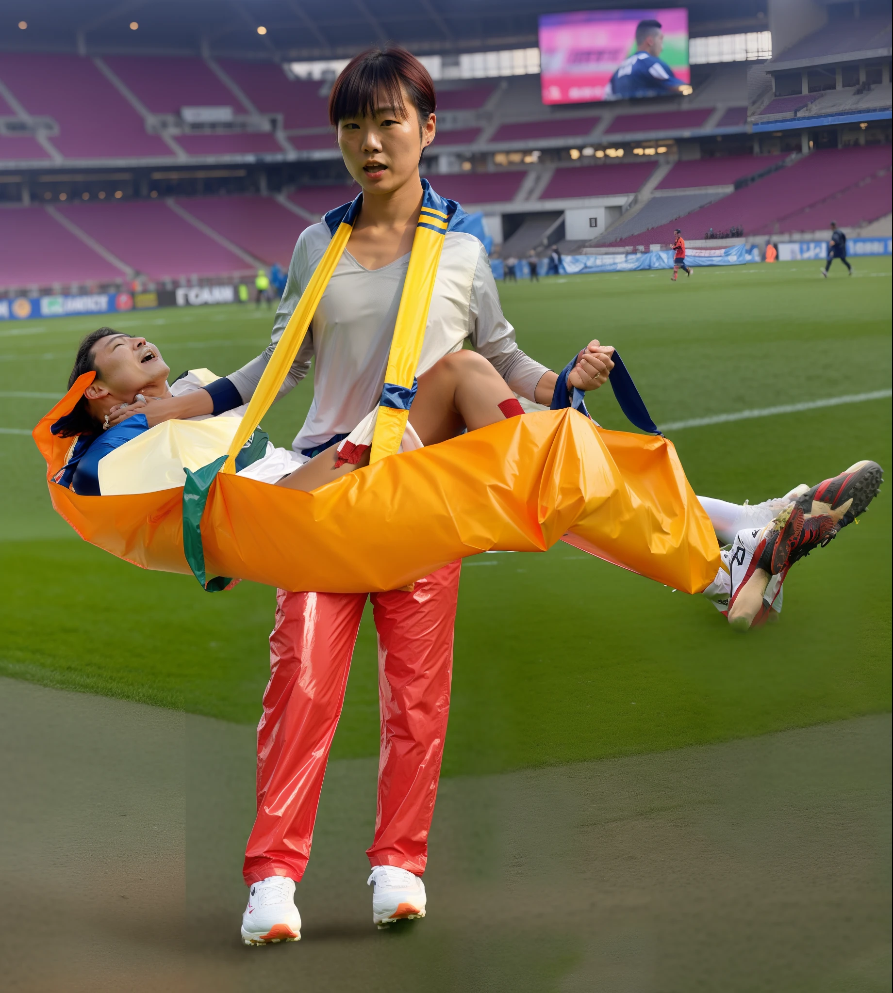 A very worried Japanese woman carries a short-haired male footballer towards us with the help of a tarpaulin, a worried Japanese woman transports an injured male footballer in a tarpaulin, a very worried Japanese woman is wearing red patent leather pants and is standing in a filled football stadium, the Japanese woman in the red patent leather pants has an extremely disturbed and shocked facial expression, the Japanese woman in the red patent leather pants is holding a shiny orange tarp queer in front of her body, the Japanese woman comes along The tarpaulin that she is carrying in front of her ran towards us, in the tarpaulin lies an injured and unconscious male footballer with short hair and matt sports clothing, the matt t-shirt and the pain-distorted face of the injured athlete protrude over the left part of the tarpaulin , two soccer shoes protrude from the right end of the tarpaulin