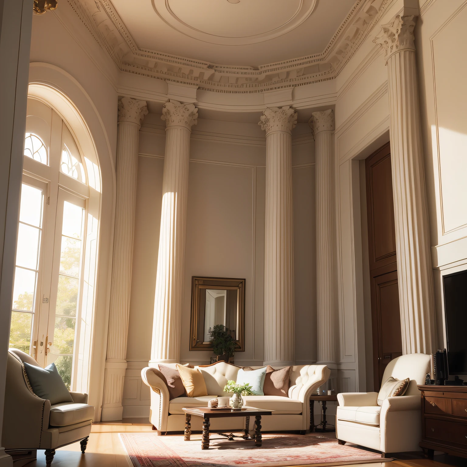 transitional family room with Architectural Columns