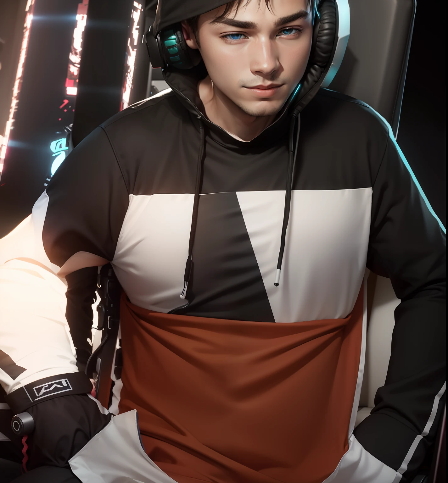 Gamer boy with RGB headphones background fully gaming desktop and sitting on gaming chair