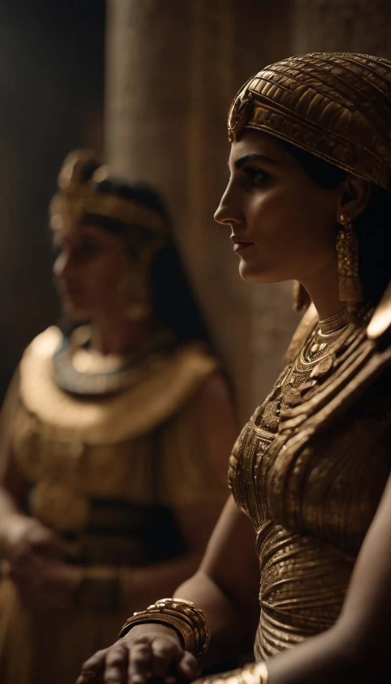 Generate an image that represents Cleopatra next to Julius Caesar, in an image that depicts the relationship and political alliance between them.