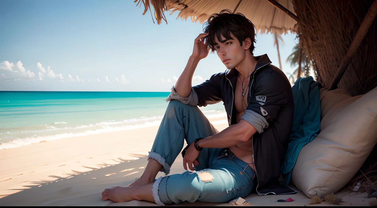 Man sitting on a desert island in torn clothes --auto