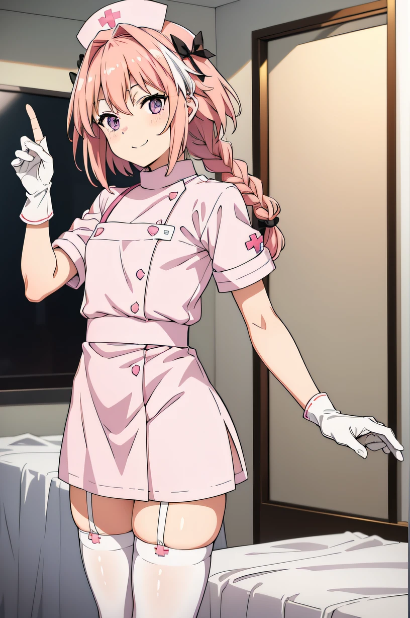 astolfo, single braid, pink hair, purple eyes, otoko_no_ko, male focus, solo, nurse, ((white nurse cap, white nurse's outfit)), ((white legwear, zettai ryouiki)), white gloves, smile, standing, hospital room, sharp outline, short sleeves, best quality, masterpiece