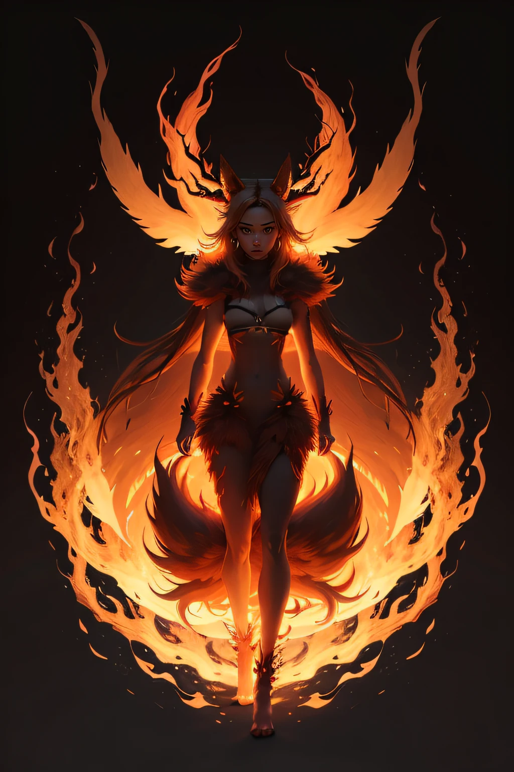 ((realistic, photorealistic)), ((best quality)), ((masterpiece)), ((detailed, extremely detailed)), fox girl victory posing in city streets, fox ears, animal skin, burning crown floating above head, BREAK fantasy, embers flying, sky flames, BREAK (raecmbr-2650:0.9), (r4ec4mbr4:0.95), (1girl), (realistic), BREAK (photo-realistic:1.5), ((angel wings, black and red theme)), (((pitch black skin, peach skin, red tone skin, midnight black skin))), (((skin covered with red fur))), body fur, kitsune, voluptuous, sexy, huge breasts, claws instead of fingers, city burning background, BREAK full moon, dark sky, smoke everywhere, glowing red eyes, smug facial expressions, full body, destruction, rampage, chaos, fire everywhere, wings on fire, RAW photo, 8k uhd, film grain, broken moon, cracked moon, destroyed moon, blood red moon, detailed background, cinematic, BREAK body piercings, piercings, jewelry, detailed skin, ornamented skin, naughty, art by artgerm, in the style of Rumiko Takahashi, gradient, specular highlights, see through gossamer in japan,