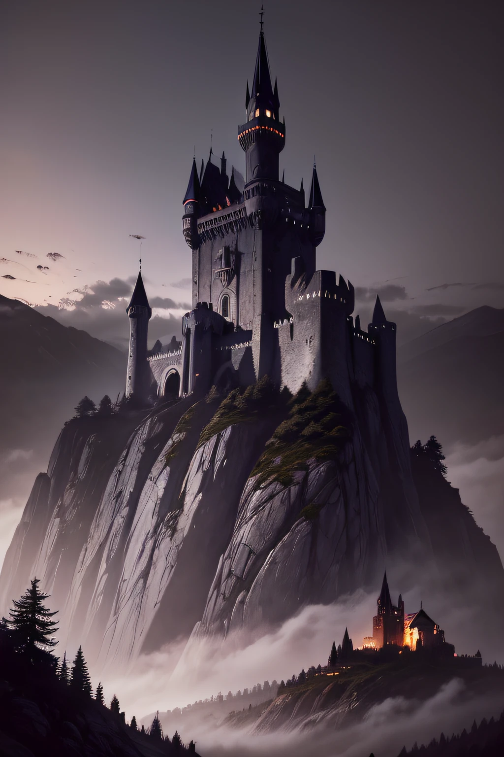 O castelo de Ravenloft, sendo visto de longe, from the foot of the mountain. The castle is seen from afar, castelo no alto da montanha. Castelo parcialmente escondido pelo pico da montanha. Sky at night. Castelo Horripilante. Castelo do Vampiro. Noite de tempestade.
