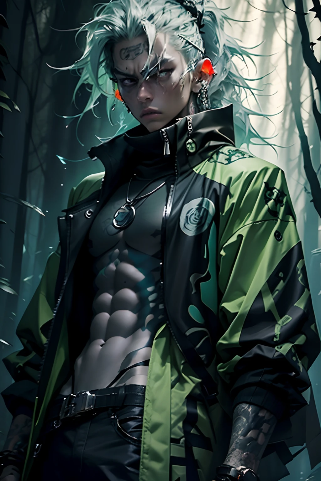 kpop girl wearing sage green futuristic jacket, slim body with big chest, big sword katana black turtle neck attire, big jacket, serious face, chains, tattoos, cool pose, whole body shot, big eyes, glowing forest background