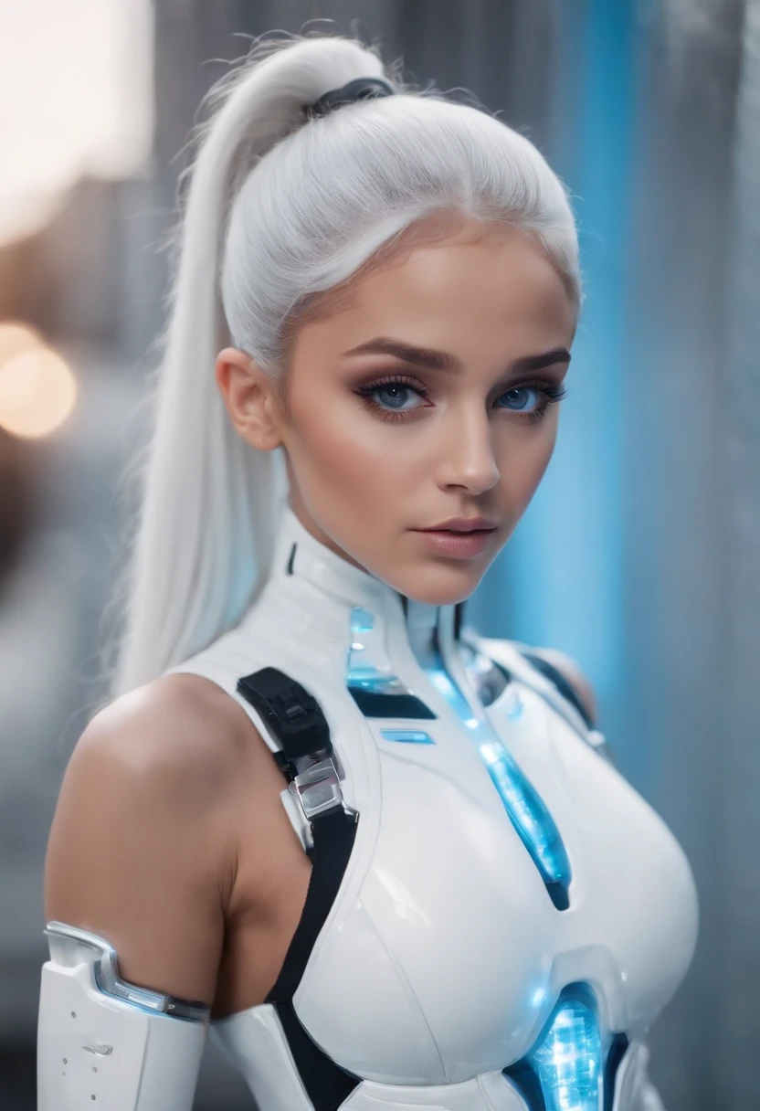 Full body cyber girl with a ponytail. Ariana Grande's face. Bright white color to show she's a cyber girl whit laser rifle. white eyebrows. clothing like catsuit. She also has bright blue eyes. The environment is terminator like. Hair is platina. She is lit with the bright blue color on one side of her face. Led like.  And both hands have the led light too.