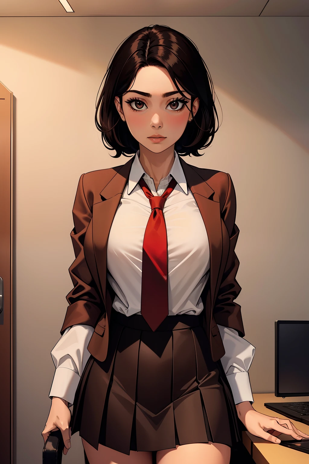 woman, short black hair, wearing a brown office jacket, white shirt, red tie, brown office skirt, no background,