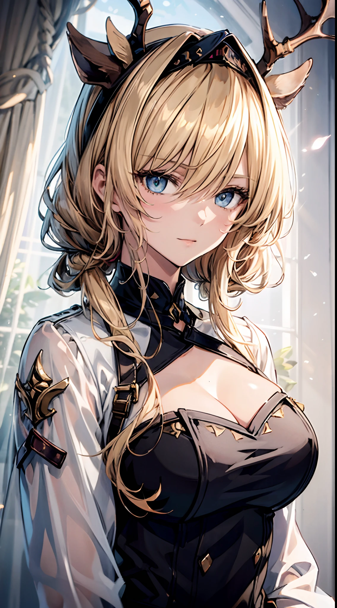 （An exquisite masterpiece），（Best quality），Illustration style，Anime girl with curly ponytail，beautiful blueish eyes，White color blouse，flatchest，Heartwarming，Young and beautiful，Golden hair，Presents a natural casual style。Dynamic positions have a gold part，Large aperture portrait，Screen whitening，strong contrast of light and shadow，the texture is super strong，the picture is super clear and concise，Extremely beautiful，The temperament is elegant，Delicate facial expressions，Brilliant lighting effects，Background bokeh，ssmile，extreme hight detail，daily life