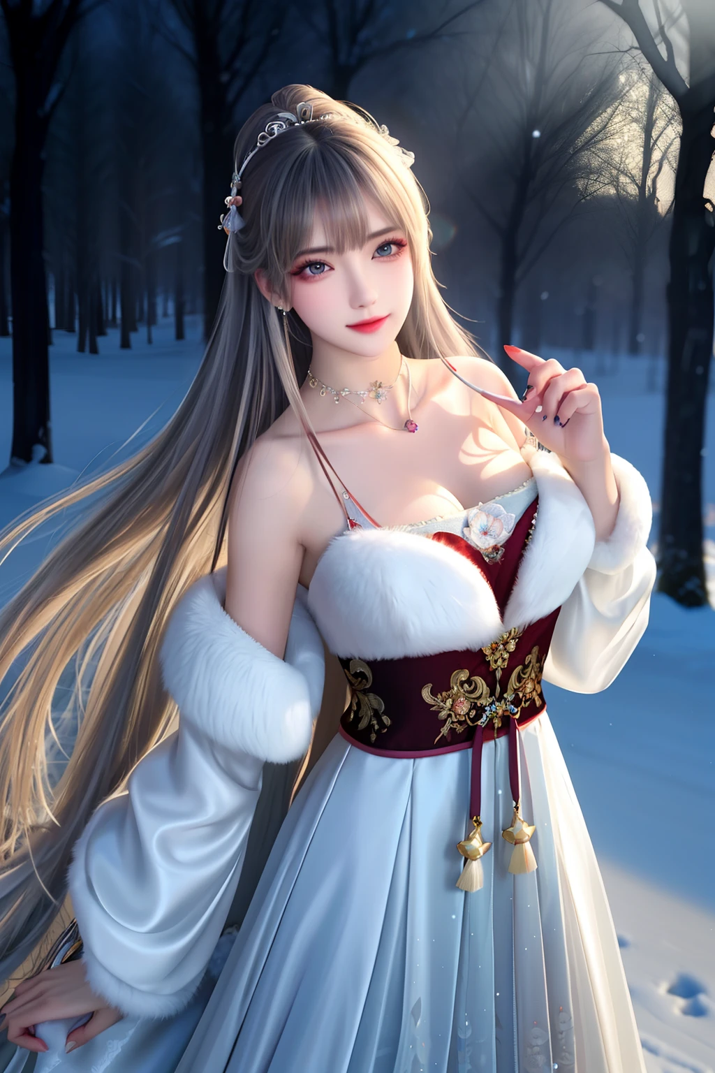 best qualityer,8K, tmasterpiece, A high resolution, 1girll, Clear silk porcelain dress, Fur coat, hair adornments,Delicate face shape,Perfect face shape, ssmile, Keep one's mouth shut, cparted lips,Large breasts,Shoulder, shift dresses, hair adornments, choker necklace, jewely, Chinese outfit, long whitr hair, 耳Nipple Ring, Detailed beautiful eyes, detailed eyelashes, beautiful face,after sexing_Body,Slender and long legs, Tyndall effect,realisticlying, edge lit, twotonelighting,(highdetailskin:1.2), 8K, Ultra HD, digital SLR camera, gentle illumination, high high quality, Volumetriclighting, Frankness, photore, A high resolution, Bokeh, at a forest, Falling snow, Winters, in the afternoon