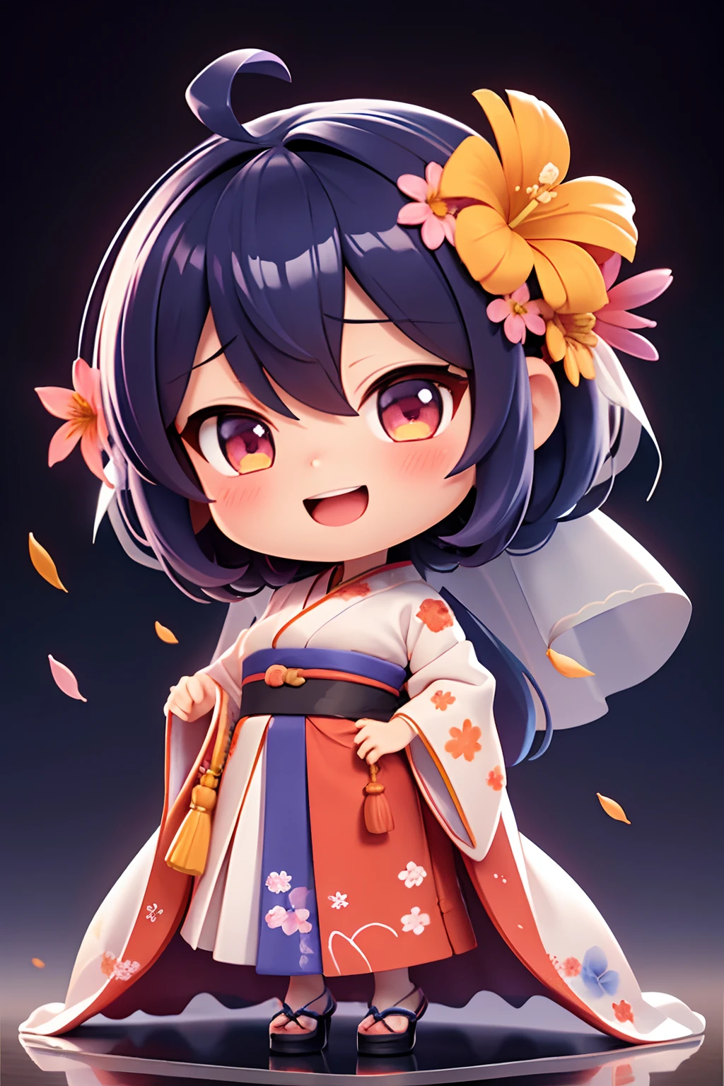photoRealstic、Nedroid in wedding dress arranged in kimono standing in front of the painting、Open mouth and big smile、watercolor Nendoroid、(High Definition Figure)、Flowing iridescent silk、up of face、Eye Up、In the eyes♥、Floral dress、There are also flowers in front of the nendroids、flower petals、season!!: 夏天☀ 🍂