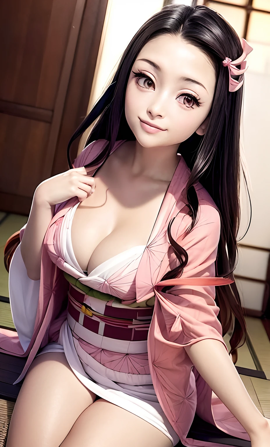 rialistic photo、Real Images、Top image quality、​masterpiece, (Pink kimono), seductived faced, good lighting, beautiful thigh、adult appeal、Adults、Big、cleavage, finely detail, ​masterpiece,I can see my panties、 radiant eyes, 1girl in, A dark-haired, SUCK, Kamado Nezuko, wisteria background, ​masterpiece, top-quality, POV,,