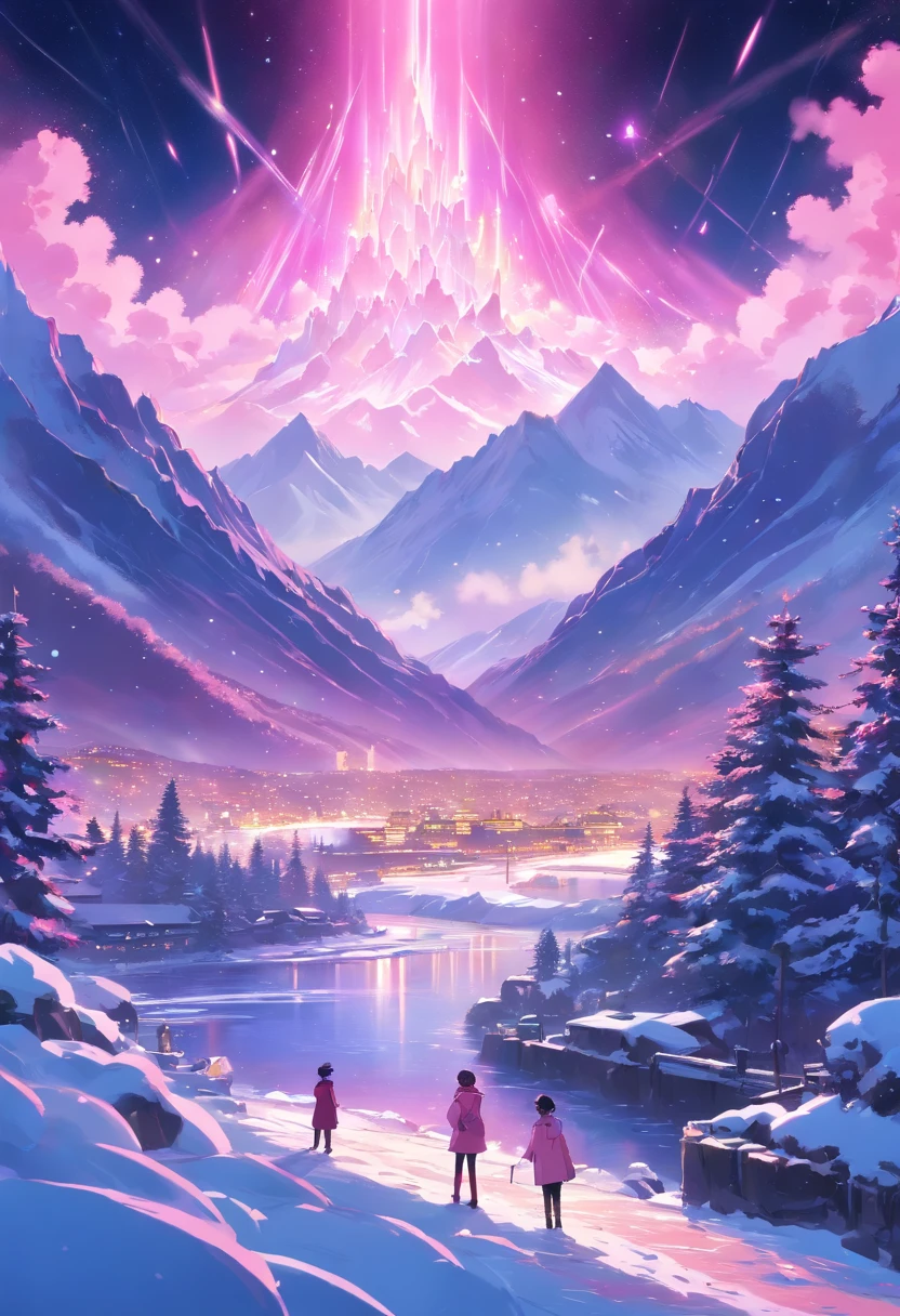 Pink aurora in snow, snow mountains,River,snowstorm,Colorful stars twinkle, illusory engine, 8K HD, HD. --AR 9:16