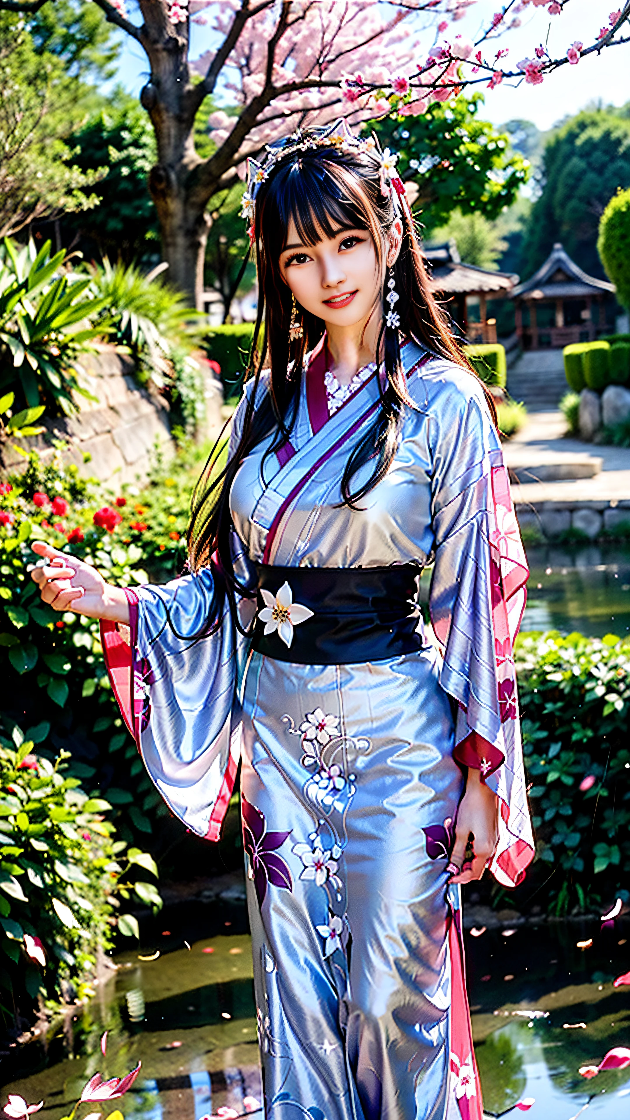 femele(in her 20s~age 30s、Beautie、Beautuful Women)、hairstyle on(Brown hair、long、Japanese hair)、faces(Gentle、a smile、kawaii、dual)、body type(Perfect Style、Beautiful skins、Beautiful breasts)、garments(Bewitching long kimono、Red、cyan colors、purpleish color)、The location(Fantastic forest、waterside、Petals flutter)、action(the hair flutters with the wind、Gesture of grabbing hair with hand、Standing by the water)、qulity(High quality、Delicate images、Detailed details、high-level image quality、hightquality、Detailed drawing、Best Quality, masutepiece、Best Shots、The whole picture)