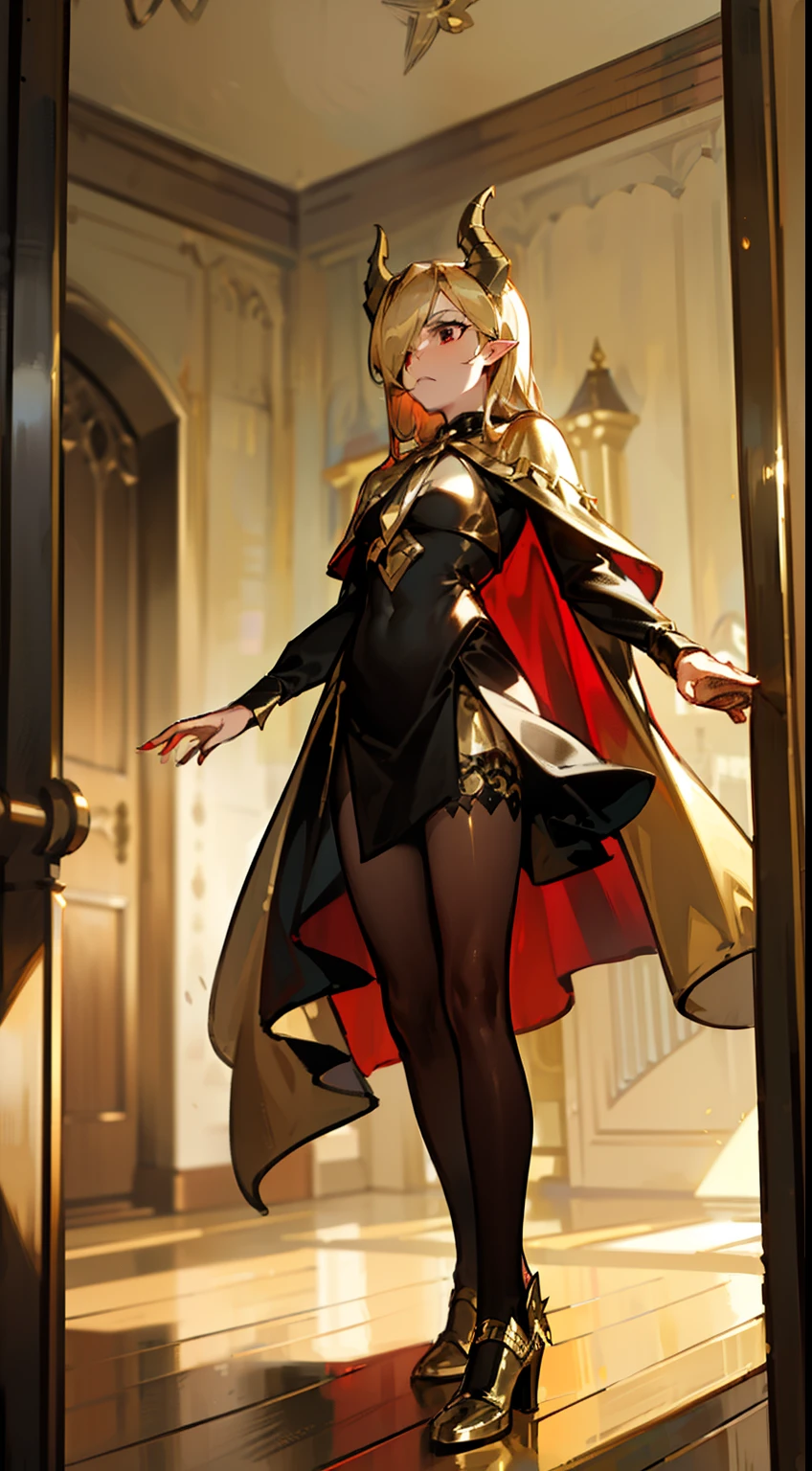 1woman,40s,solo,angry face,golden and black short dress,medium tits,golden hair,long hair,red eyes,elves ears,golden horns,pantyhose,((cape)),hair over one eye,gold high heels,(((standing in front of a room inside a castle)))