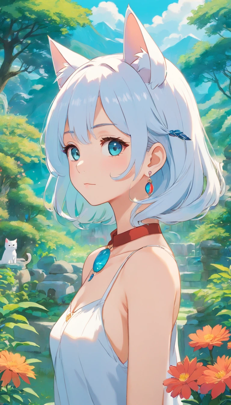 white colored hair, wings, Cat's ears,Girl in anime collar, long necklace and earrings, in the style of calm garden landscapes, Colorful animated footage, Masami Teraoka, aquamarine, Paul Gauguin, Embry Style, Honest image