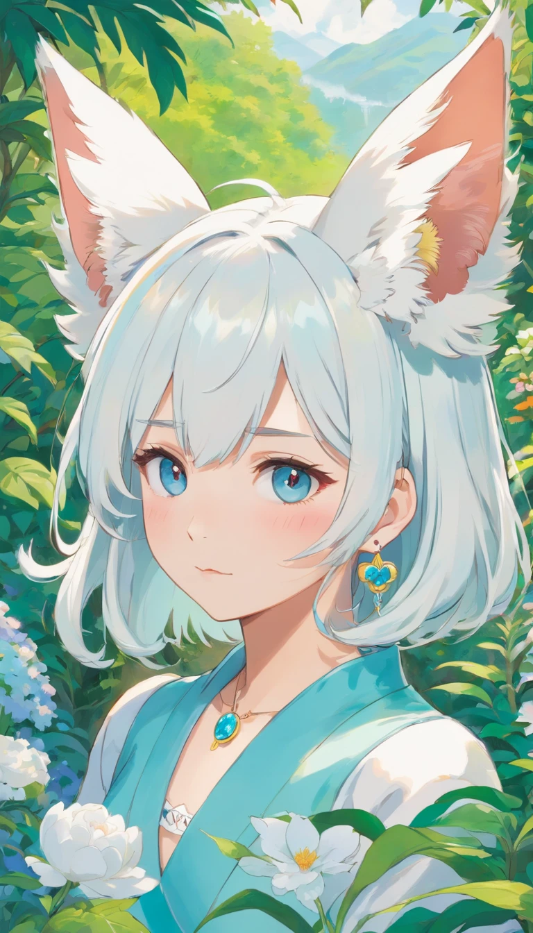 white colored hair, wings, Cat's ears,Girl in anime collar, long necklace and earrings, in the style of calm garden landscapes, Colorful animated footage, Masami Teraoka, aquamarine, Paul Gauguin, Embry Style, Honest image