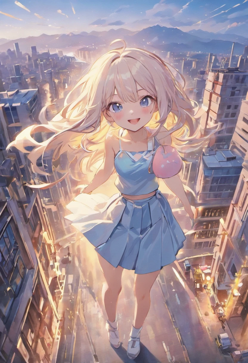 official art, masterpiece, sharp focus, (beautiful gorgeous cute Korean woman:1.3), (beautiful cute korean:1.3), korean beauty, Delicate and beautiful hair and eyes and face, realistic, ultra detailed, beautiful girl, blue sky, glow white particle, (sidelighting:1.2), sun light, white cloud, detailed clouds, slender, Lovely very large breasts and very large hips, smile with teeth, ((smile with eyes, open both eyes)), scenery, long straight hair, sexy facial expression, building, (cityscape:1.7), dynamic hair, long straight hair, detailed platinum pink hair, glow blue eyes, (blue pleated shirts + white skirt), white long socks, pale skin, hair ornament, epic scenery,