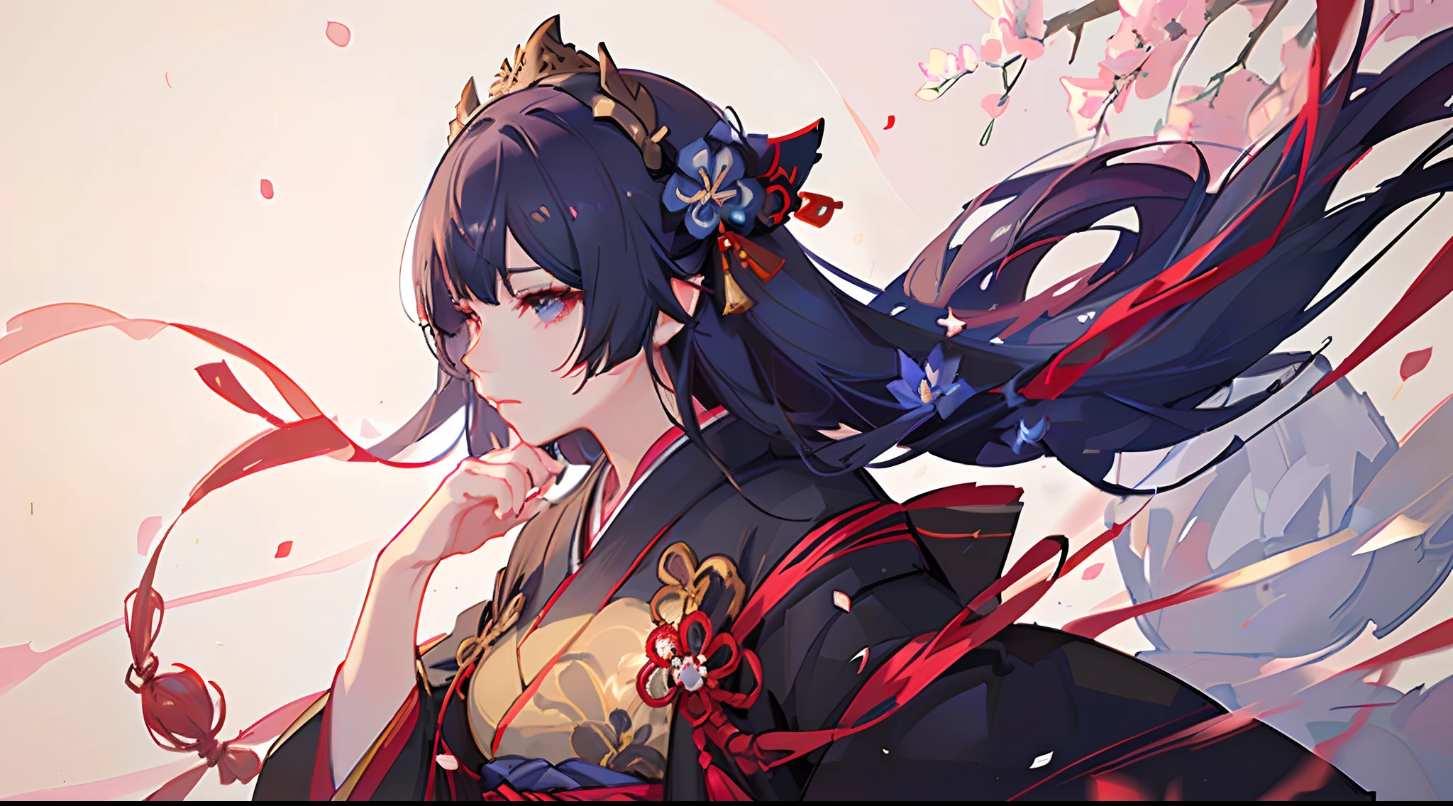 (A girl in a kimono holds a fan, Palace, A girl in Hanfu, Detailed works of Onmyoji, Soft anime illustration, Popular on ArtStation and Pixiv, onmyoji, Clean and complex anime art, White-haired deity, Digital art on Pixiv, Cute anime fat girl in beautiful clothes, Portrait of Onmyoji, komono)，(Best quality, 4K, 8K, A high resolution, Masterpiece:1.2), Ultra-detailed, (Realistic, Photorealistic, photo-realistic:1.37), hdr, hyper HD, Studio lighting, Ultra-fine painting, Sharp focus, Physically-based rendering, Extreme detail description, professional, Vivid colors, Bokeh, sportrait, anime big breast, Vibrant colors, Soft lighting