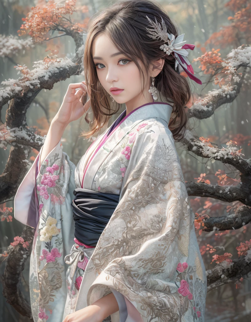 (Beautiful model in Japanese kimono commercial), (solo), ((face is 80% beauty and elegance, 20% pretty and cute:1.5)), (Her roots are in Eastern Europe and Asia), clear eyes, (detailed eyes, light brown eyes, bright pupils), Double Eyelids, (sexy lips with a little thickness:1.2), super detailed and incredibly high resolution Kimono, Highly Detailed Face Texture, striking body shape, curvy and very attractive woman, high-resolution RAW color photo pro photo, BREAK ultra high-resolution textures, High-res body rendering, big eyes, unparalleled masterpiece, incredible high resolution, super detailed, stunning ceramic skin, BREAK (Wearing a shiny silver kimono of the Rimpa school with lots of Rinpa silver colors), (The main color is Rinpa shiny silver, with a gradation from black to silver from the hem side to the collar), (elaborately made classical Japanese shiny silver Kimono), ((The embroidery patterns are Japanese dragon, clouds, mountains, and rivers)), (An obi that goes well with this kimono), ((shiny silver Kimono with elaborate and elegant embroidery)), (The background is a night scene with a little snow falling) BREAK ((Best Quality, 8k)), Crisp Focus:1.2, (Layer Cut, Big:1.2), (Beautiful Woman with Perfect Figure:1.4), (Beautifully shaped and big breasts:1.3), Slender waist, (Correct hand shape:1.5), (Full body shot | cowboy shot | back view)