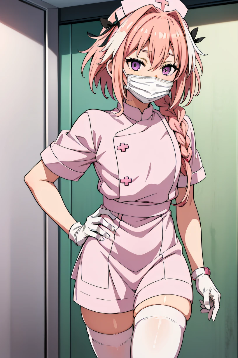 astolfo, single braid, pink hair, purple eyes, otoko_no_ko, male focus, solo, nurse, ((white nurse cap, white nurse's outfit)), ((white legwear, zettai ryouiki)), white gloves, ((white surgical mask, covered nose)), standing, hospital room, sharp outline, short sleeves, best quality, masterpiece