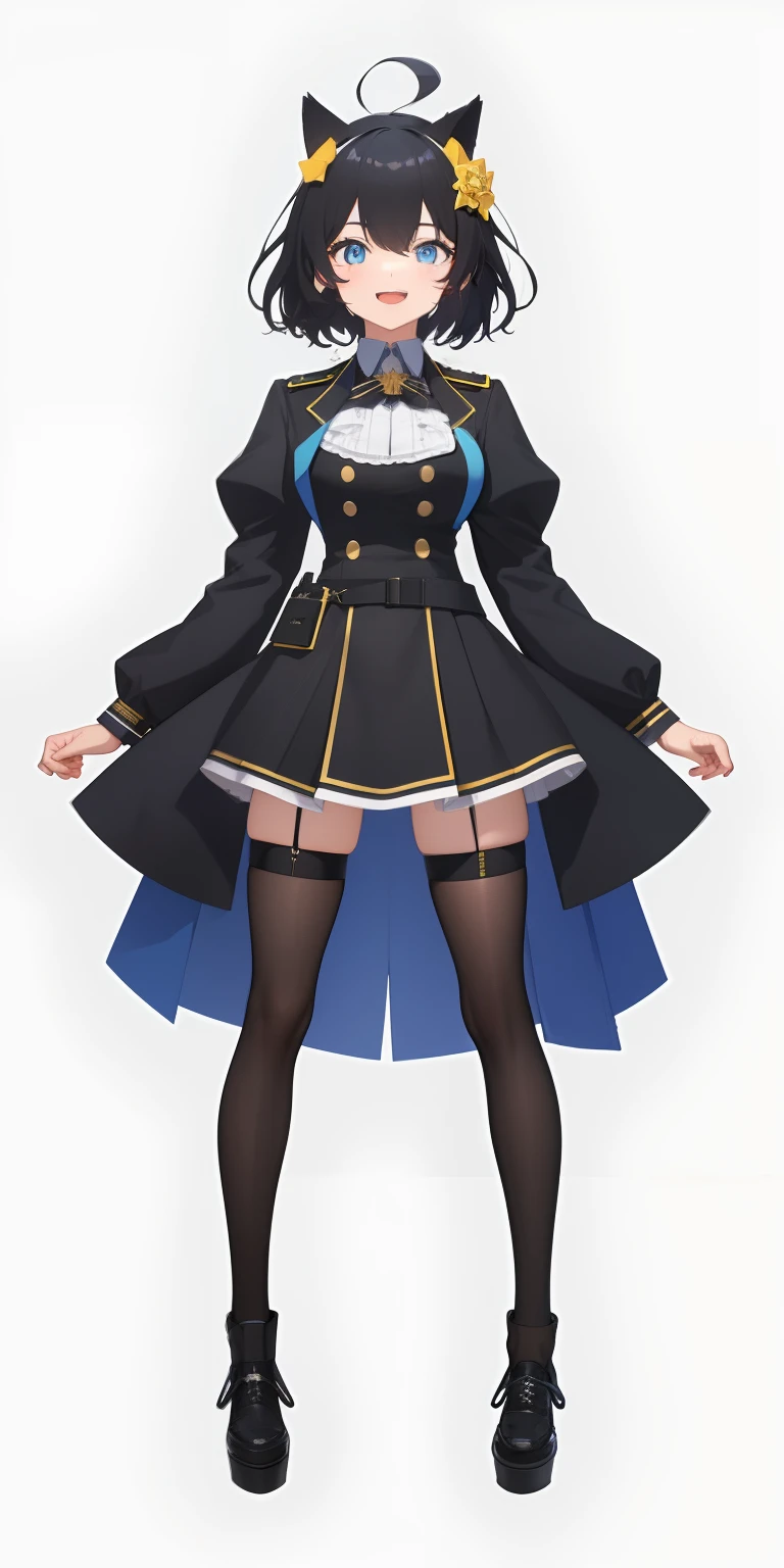 Full body,(( Upright)), ((Arms at sides)), Looking at Viewer, Simple background, 1girl in, Open mouth, Smile, Virtual Youtuber、girl with、、((Best Quality, high_resolution, Distinct_image)),(Black hair), (Black cat ears), (Ahoge), (absurdly short hair), (Wavy Hair), (Blue eyes),、A smile、large full breasts,(wearing shoes on feet)、concept-art、View Viewer、I'm wearing an idol military uniform with a view of the cleavage.。