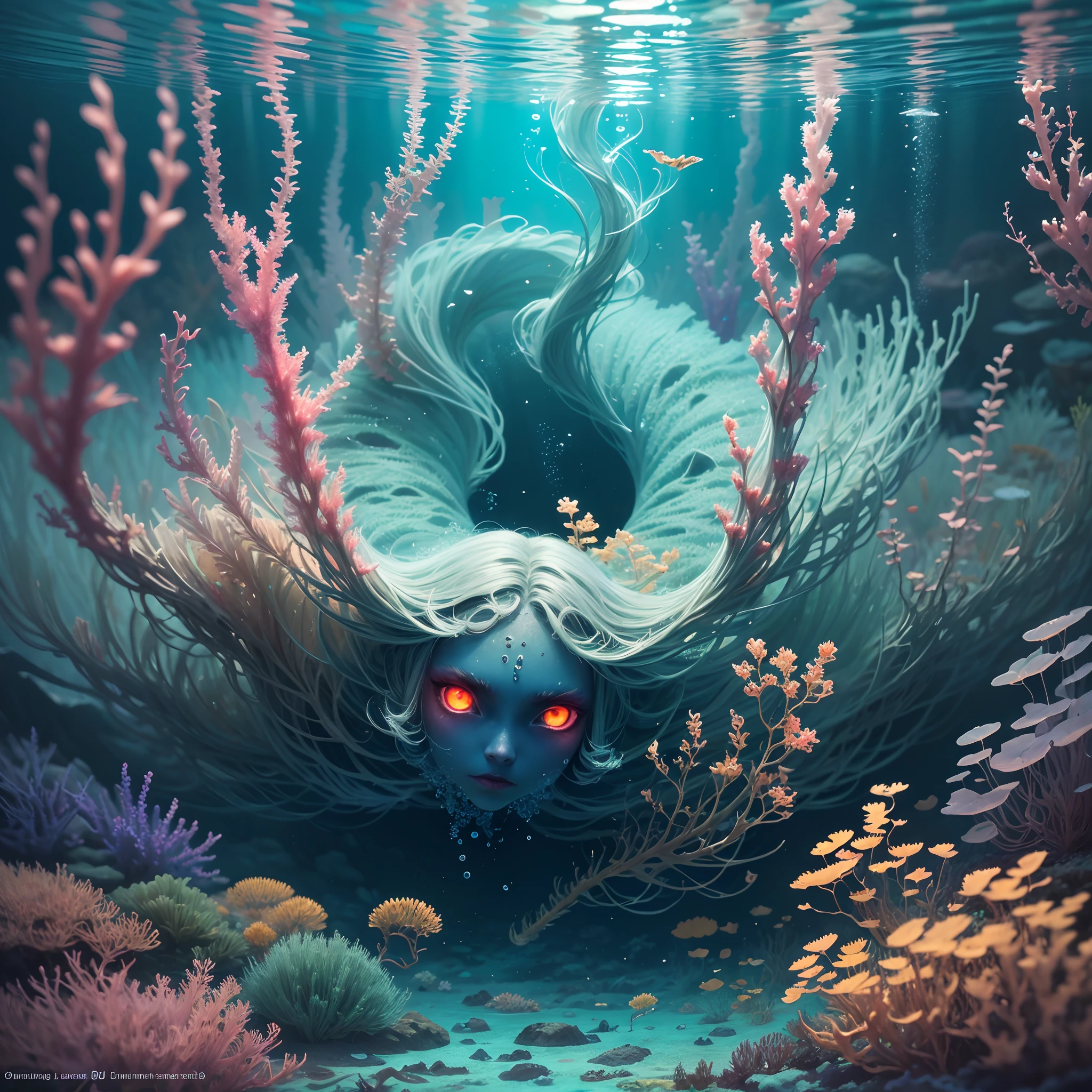 (Best quality,Ultra-detailed,Realistic),Vivid colors,Underwater,Glowing eyes,seaweed,the reef,Depth,Shimmering,submerged,Illuminated, mysterious,Otherworldly,Swirling,fluid movement,Bio-luminescence,Ethereal beauty.