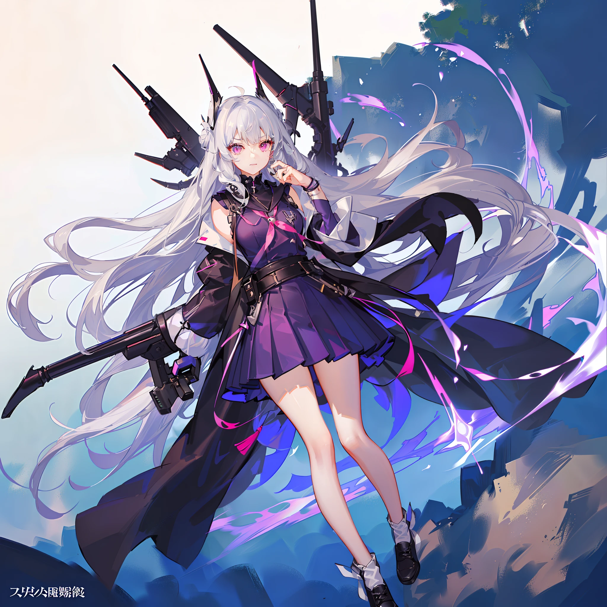Future technology sense female high school student，校服，High-tech sense in school，A girl with long silver-white hair and waist，Pink eyes，Air bangs，Jump down from a height，Vigilant eyes