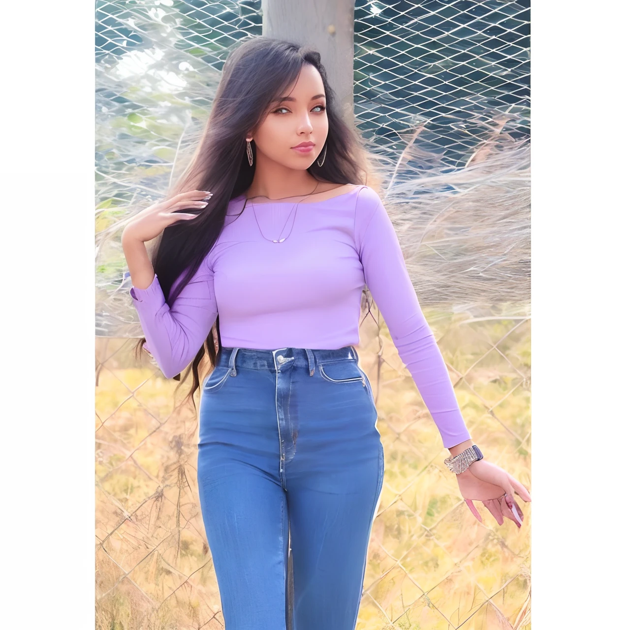 a woman in a purple top and jeans standing in a field, purple top, wearing crop top, waist high, purple outfit, wearing a cute top, casual photography, casual pose, wearing a cropped tops, modeling shoot, photo of slim girl, leaked image, photo of slim girl model, full body photogenic shot, outfit photo, purple clothes, beautiful girl