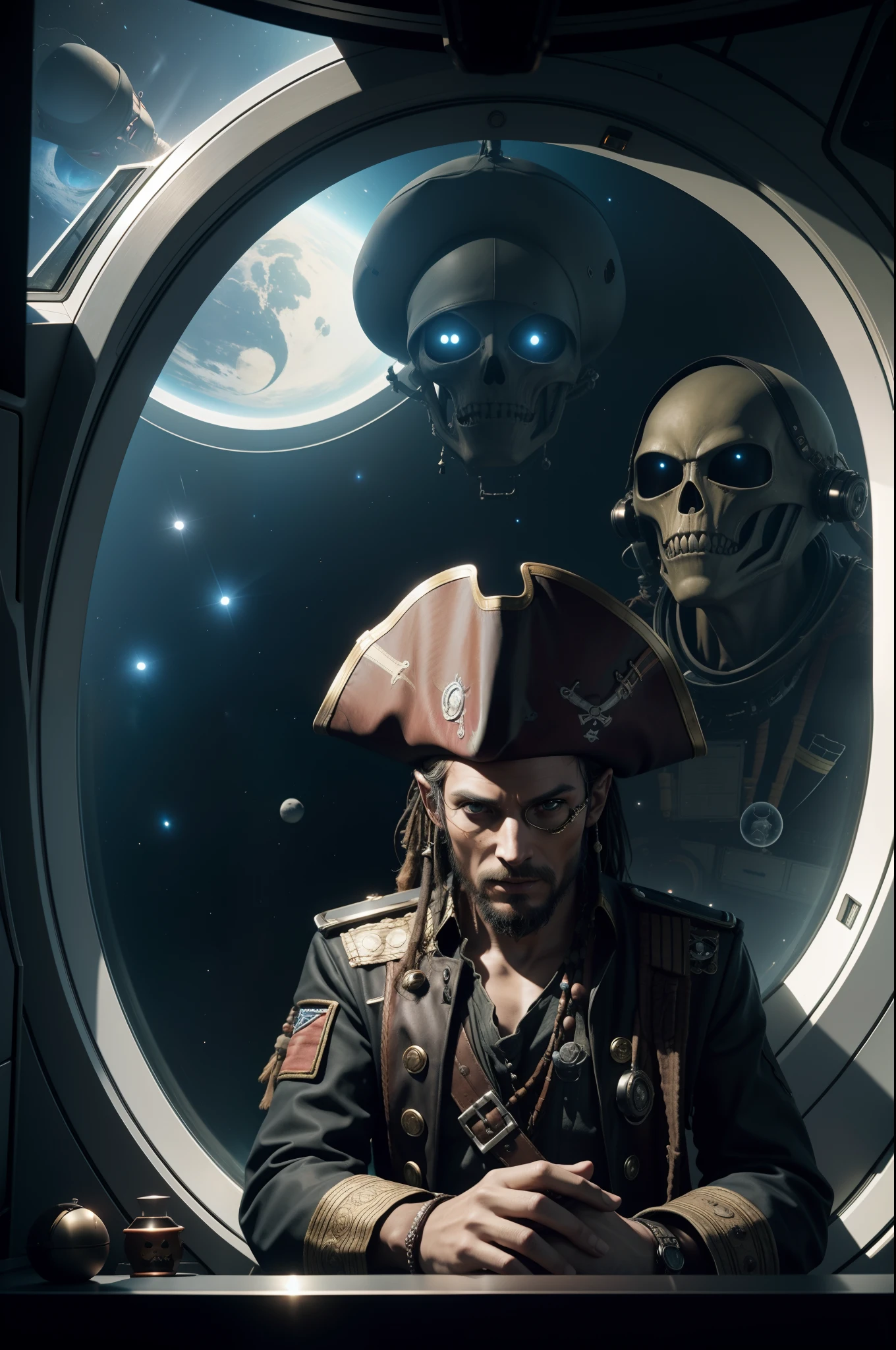 realistic photo of An alien wearing a pirate outfit and a pirate hat is sitting inside a spaceship in front of a window overlooking space photorealistic photorealism hyper realistic