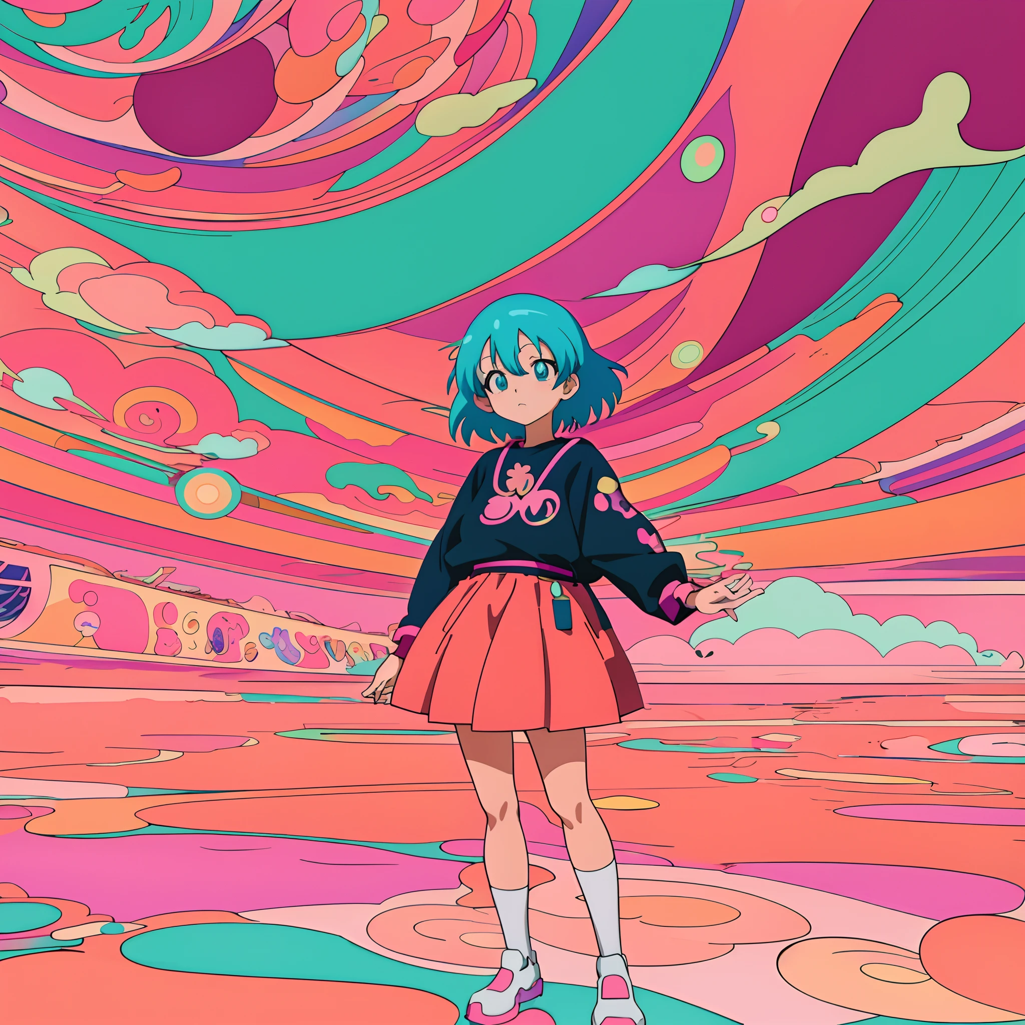 Anime girl standing in front of colorful swirl background, dreamy psychedelic anime, anime style 4 k, anime style illustration, Anime style. 8K, lofi-girl, anime graphic illustration, Anime Art Style, digital art in anime style, 9 0 s anime art style, anime vibes, Anime art wallpaper 8k, beautiful anime art style, anime art wallpaper 4k