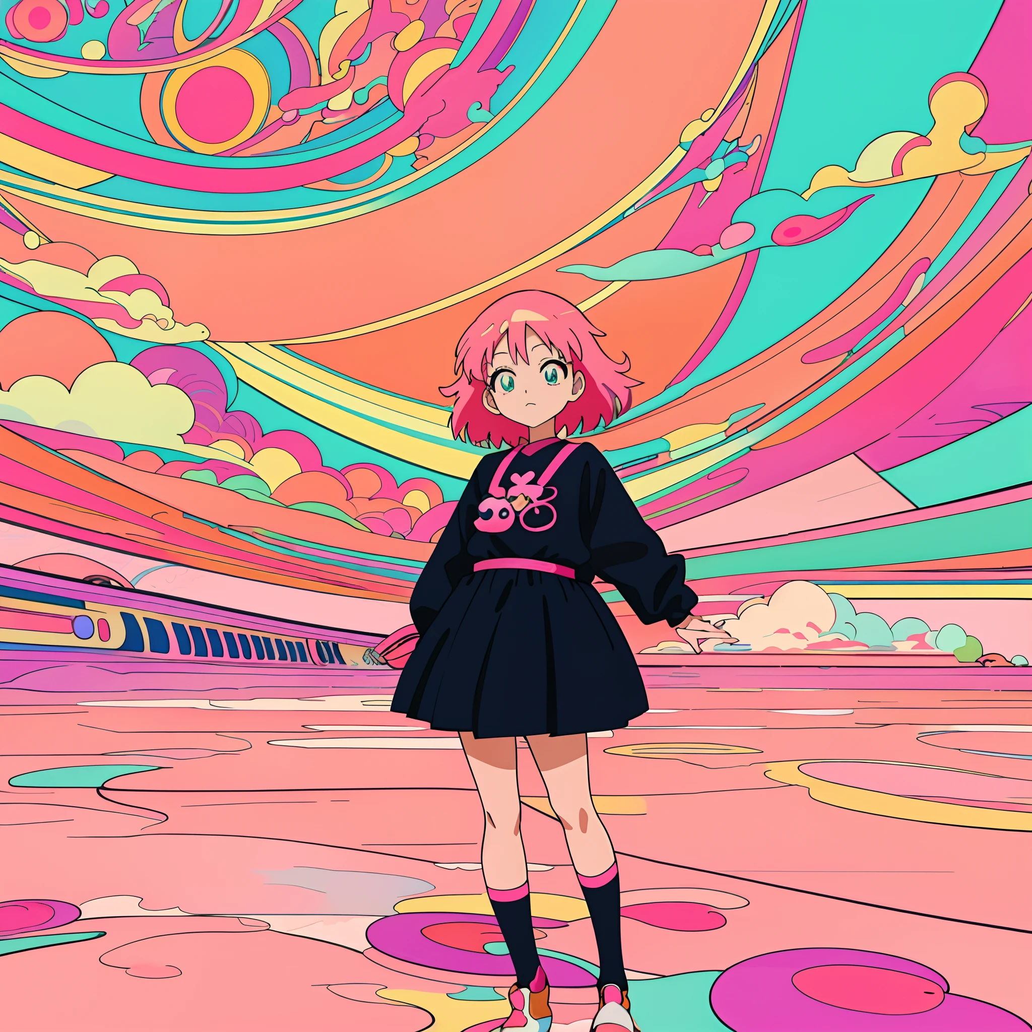 Anime girl standing in front of colorful swirl background, dreamy psychedelic anime, anime style 4 k, anime style illustration, Anime style. 8K, lofi-girl, anime graphic illustration, Anime Art Style, digital art in anime style, 9 0 s anime art style, anime vibes, Anime art wallpaper 8k, beautiful anime art style, anime art wallpaper 4k