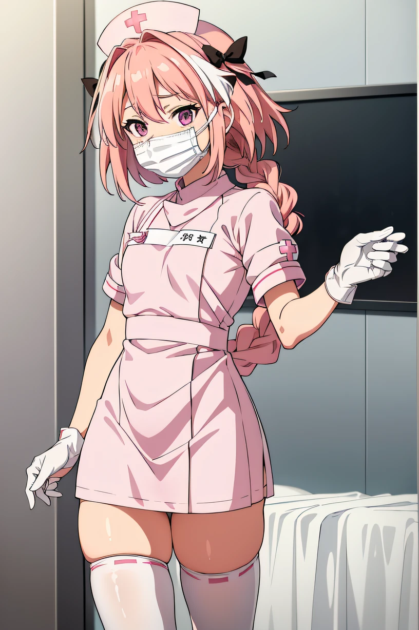 astolfo, single braid, pink hair, purple eyes, otoko_no_ko, male focus, solo, nurse, ((white nurse cap, white nurse's outfit)), ((white legwear, zettai ryouiki)), white gloves, ((white surgical mask, covered nose)), standing, hospital room, sharp outline, short sleeves, best quality, masterpiece