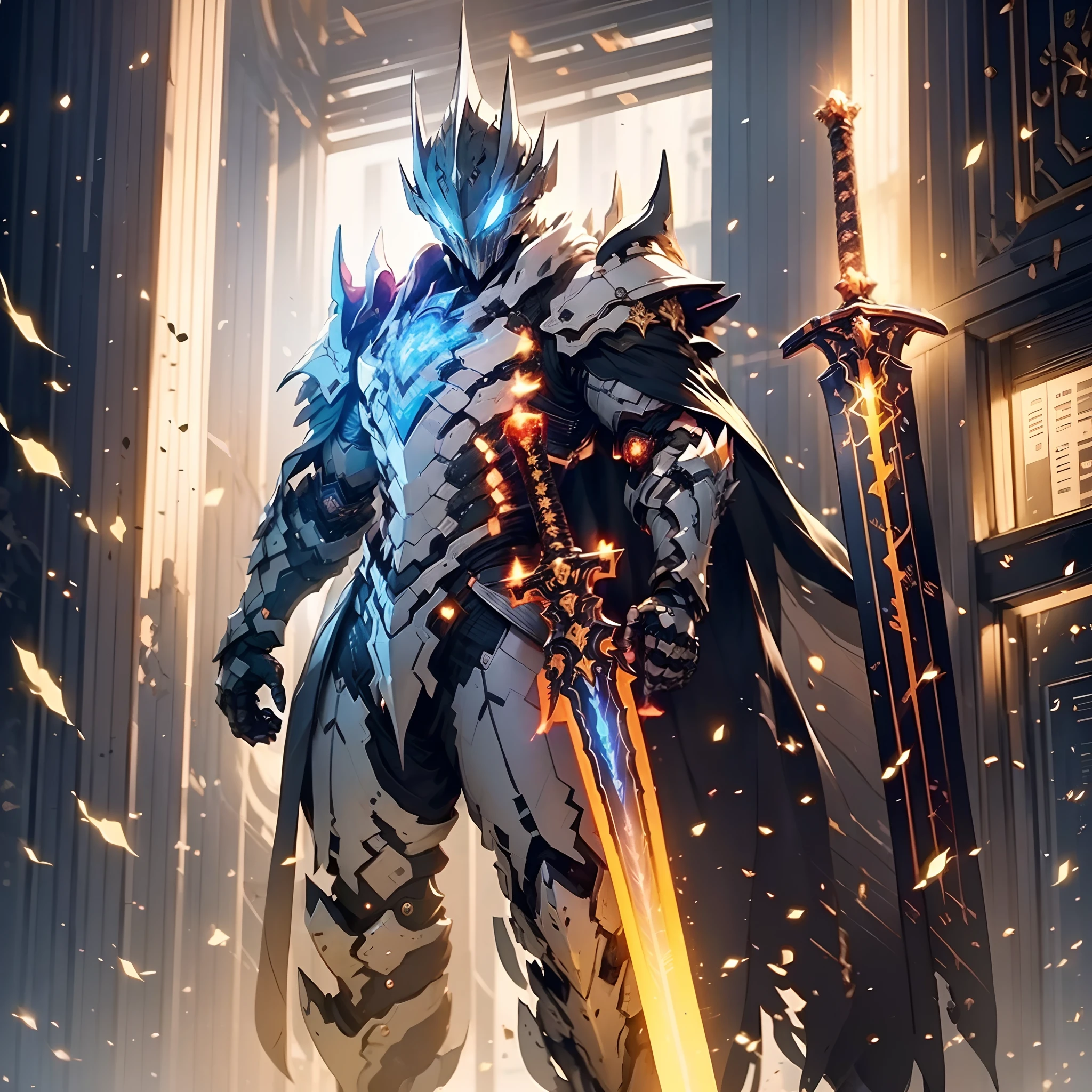 anime character with sword standing in front of a building, fallen knight, from arknights, gothic knight, evil knight, the style of wlop, fantasy knight, knight, royal emperor, dark souls knight, off-white plated armor, wearing heavy armor with cape, black heavy armor with gold trim, smooth anime cg art, artorias, glowing sword, (((solo))) , (((solo art))), (((solo character)))
