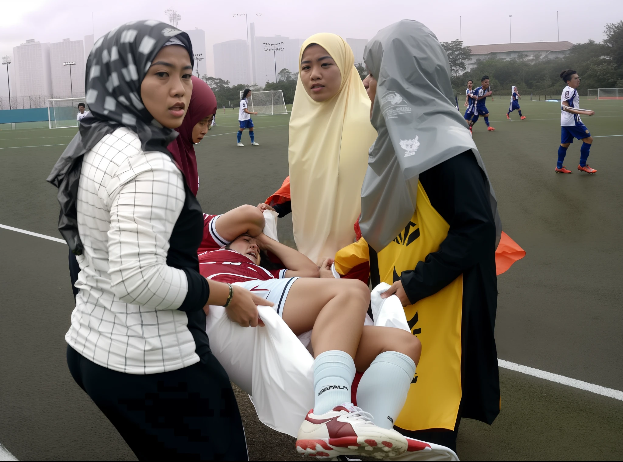Four very worried looking Malaysian women carry a tarpaulin-hammock between them, Two male legs and two soccer shoes look forward out of the tarpaulin, four very worried looking Malaysian women carry a short-haired male footballer towards us with the help of a tarpaulin, Four very worried looking Malaysian women transporting an injured male footballer in a tarpaulin, Four very worried looking Malaysian women with shiny hijabs are standing in a filled football stadium, Four very worried looking Malaysian women have an extremely disturbed and shocked facial expression, Four very worried looking hijabi Malaysian women are holding a shiny orange tarp in the middle of them, Four very worried looking Malaysian women come along, The tarpaulin that they are carrying in the midle of them ran towards us, in the tarpaulin lies an injured and unconscious male footballer with short hair and matt sports clothing, The muscular male legs and two soccer shoes of the wounded male player look forward out of the tarpaulin, two soccer shoes protrude from the right end of the tarpaulin