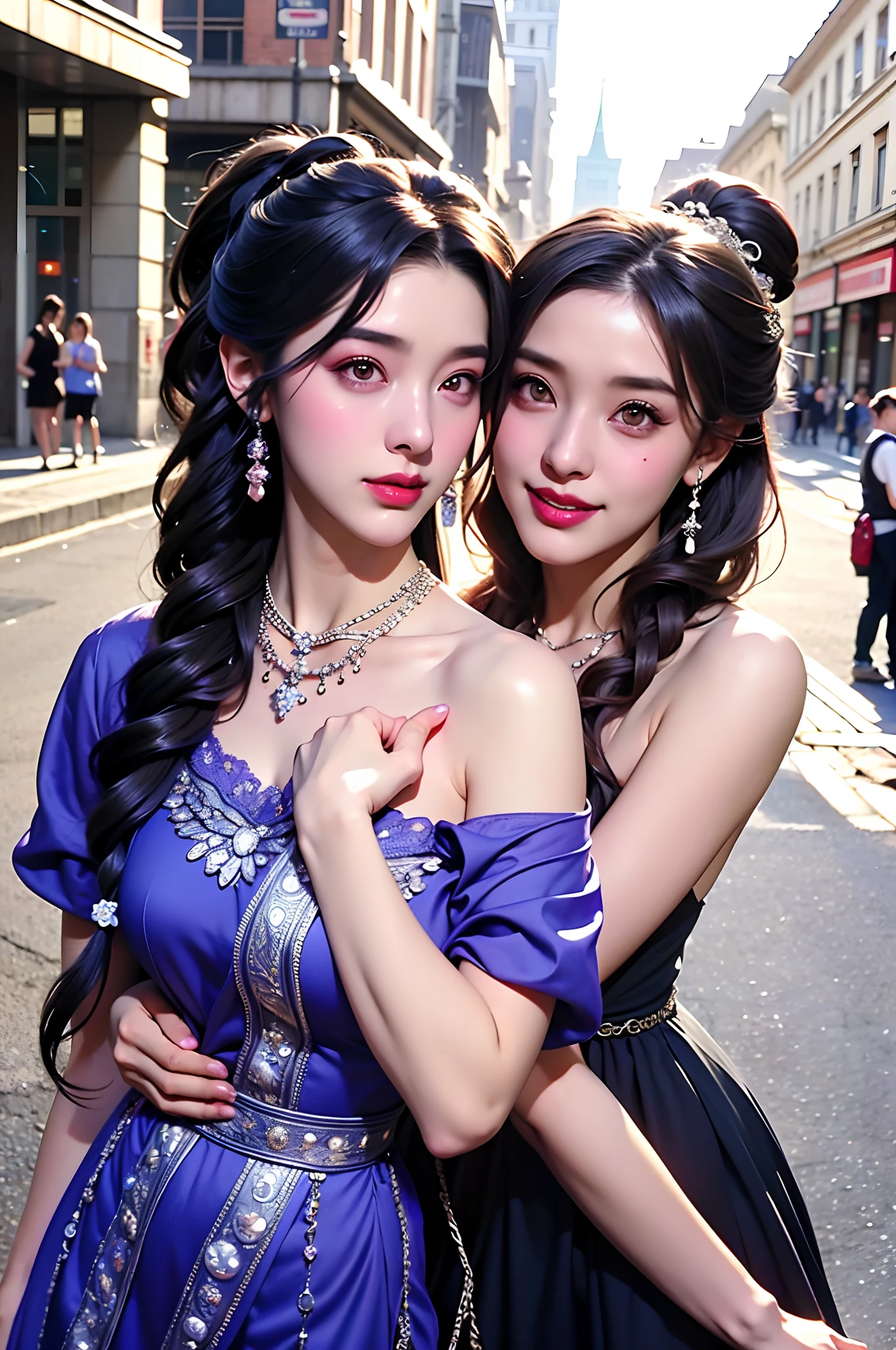 Best Quality, Masterpiece, Extremely Detailed, High Resolution, 4K, Ultra High Resolution, Detailed Shadows, Perfect Light and Shadow,duo, Two Girls in Stylish Clothes Taking Selfies on the Street, fantastical world,Colorful Braids, Anime Role Play, Anime Style Mixed Fujifilm, Cute, Big Laugh, Big, Sexy,(alebrijes art style),pureerosface_v1,ulzzang-6500-v1.1,fantastical clothing,princess eyes round pupils,fantastical necklaces,fantastical ribbons,fantastical rings,fantastical jewelry,fantastical hair ornament,fantastical belt,studio light,