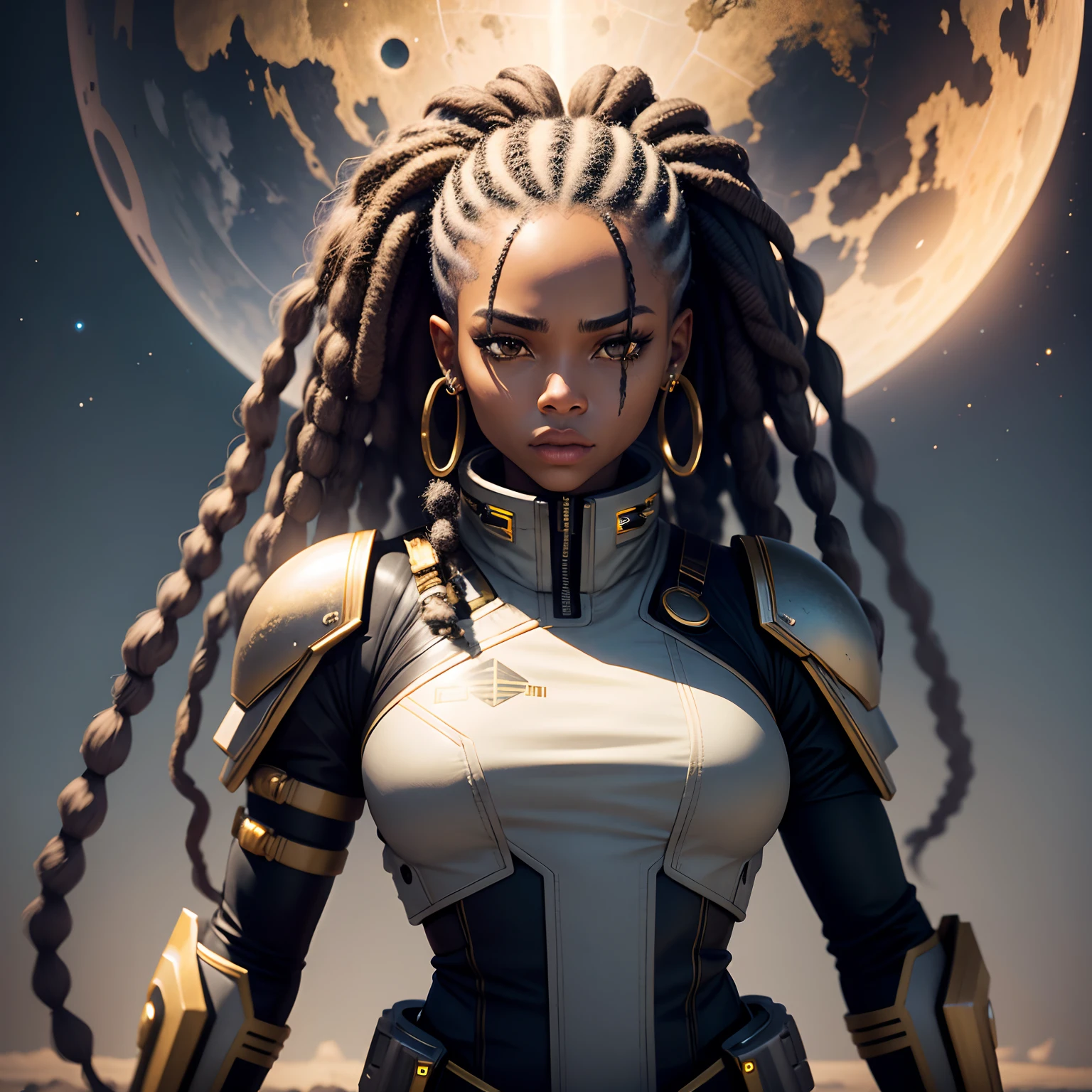 ((realistic image of a beautiful African-American woman, dark skin color)), beautiful smile, ((looking at the night sky, standing natural pose, in front of the Millennium Falcon)), wearing mandallor armor, long mega hair hair, dreadlocks, ((kanekalon)), camera view against plongée, golden ratio, dark background lighting, close-up, detailed facial details, perfect face, sharpness, trend art,  Sharp facial details, ultra high quality, line art, high fantasy, exquisite, 4k, soft lighting 8k, dreamy --iso 100