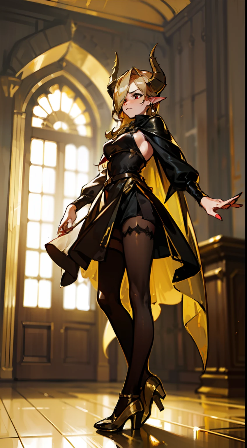 1woman,40s,solo,angry face,golden and black short dress,medium tits,golden hair,long hair,red eyes,elves ears,golden horns,pantyhose,((cape)),hair over one eye,gold high heels,(((standing in front of a room inside a castle)))