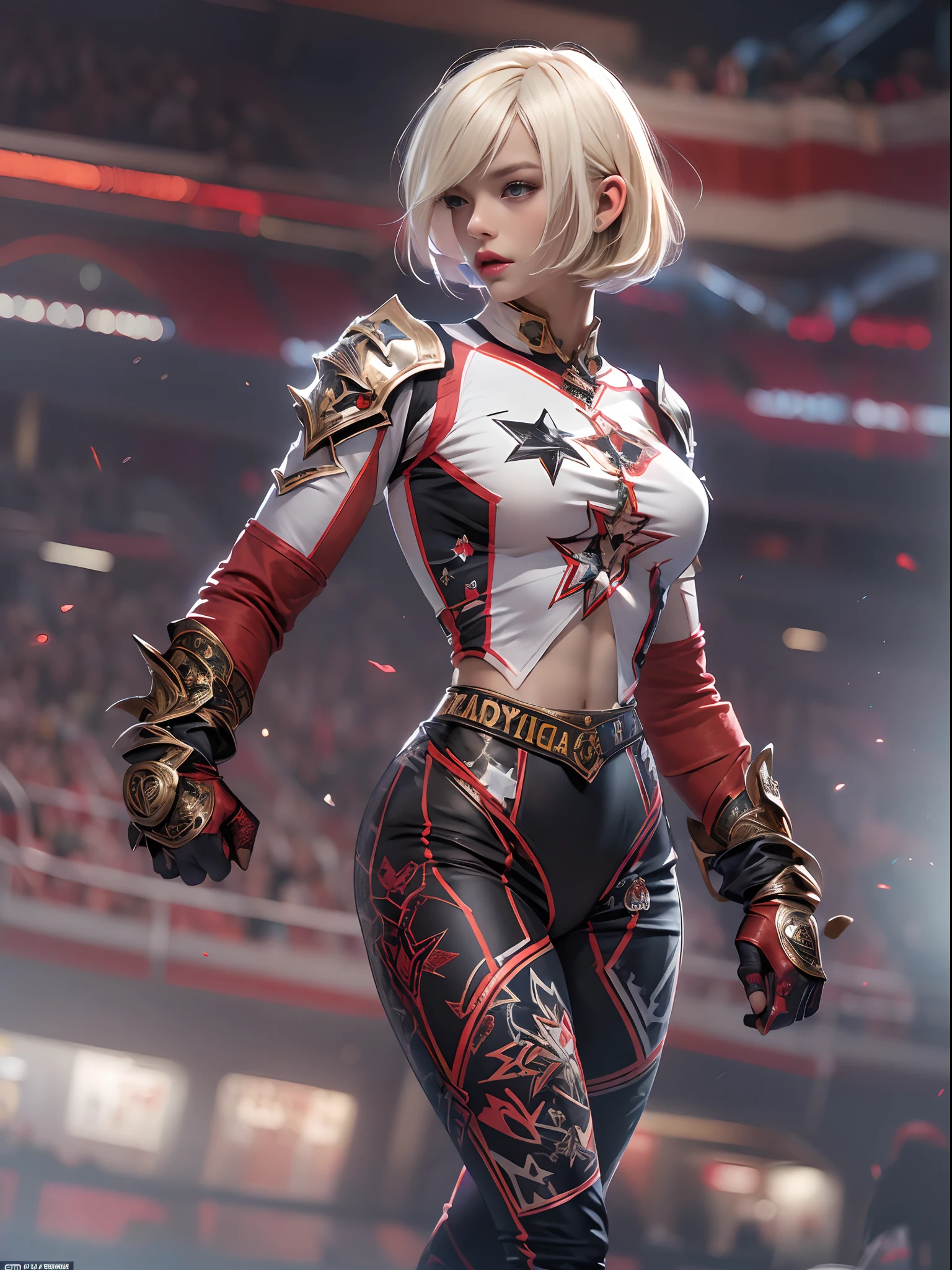 (((of the highest quality: 1.4))),(unparalleled masterpiece ever), (Ultra high definition),(Ultra-realistic 8K CG), offcial art、 (((adult body))), (((1girl in))), ((( Bob Shorthair ))), 25-year-old female wrestler with perfect body, Detailed professional wrestling costumes,Beautiful and well-groomed face,,Detailed jacket, (Image from head to thigh),(( White Blonde Bob Shorthair )), Small leather panties, Simon Bisley's urban savage style,muscular body:1.2, Detailed ring background,Clean abs, Complex graphic gauntlets, Dark red with white stars and blue and white stripes, shoulder armer, Poison tattoo ),spot light ,