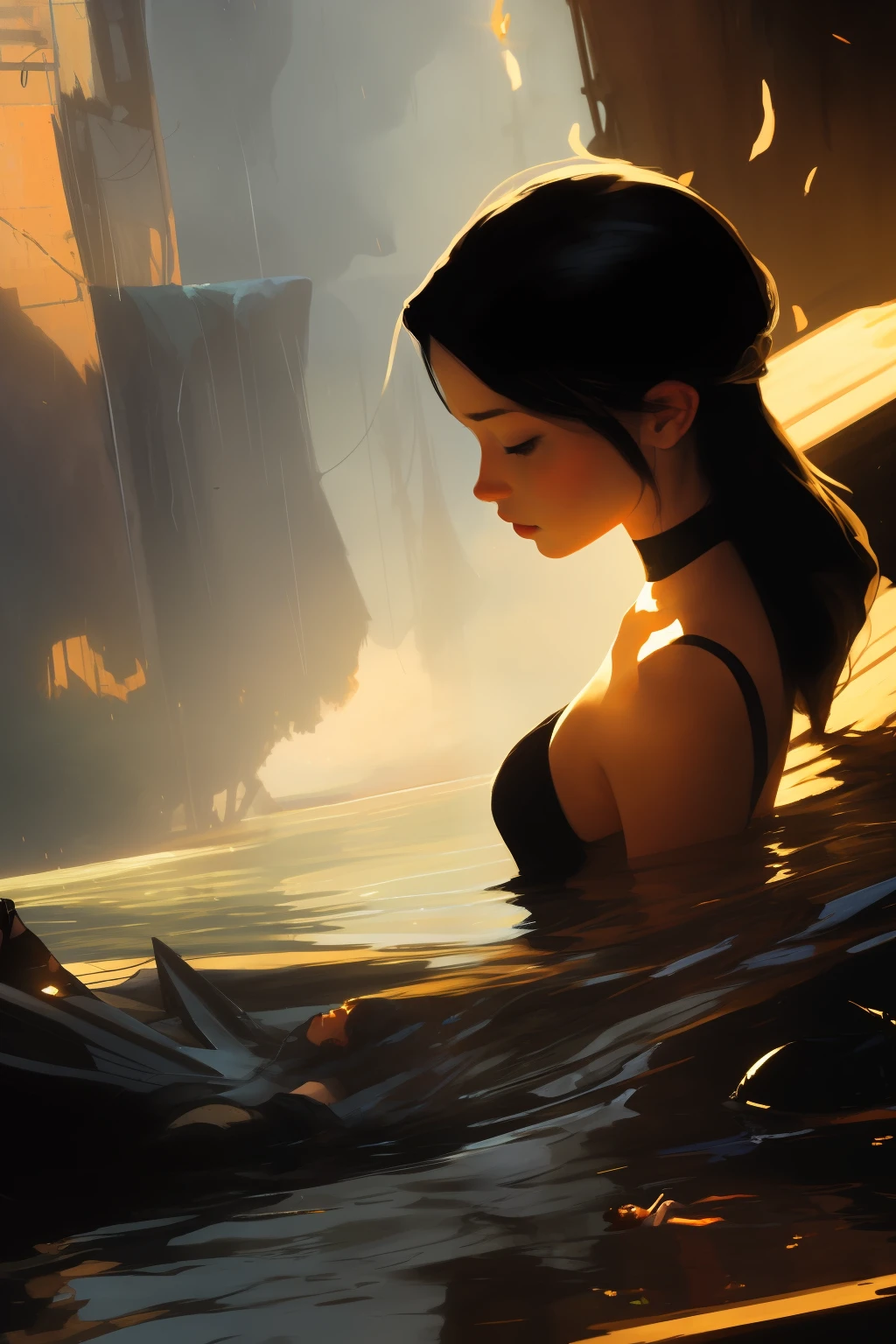 closeup, samdoesarts style, beautiful girl floating in water filled room, dreamy, cinematic background by jeremy mann, by sandra chevrier, by dave mckean and richard avedon and maciej kuciara, high detailed, 8k