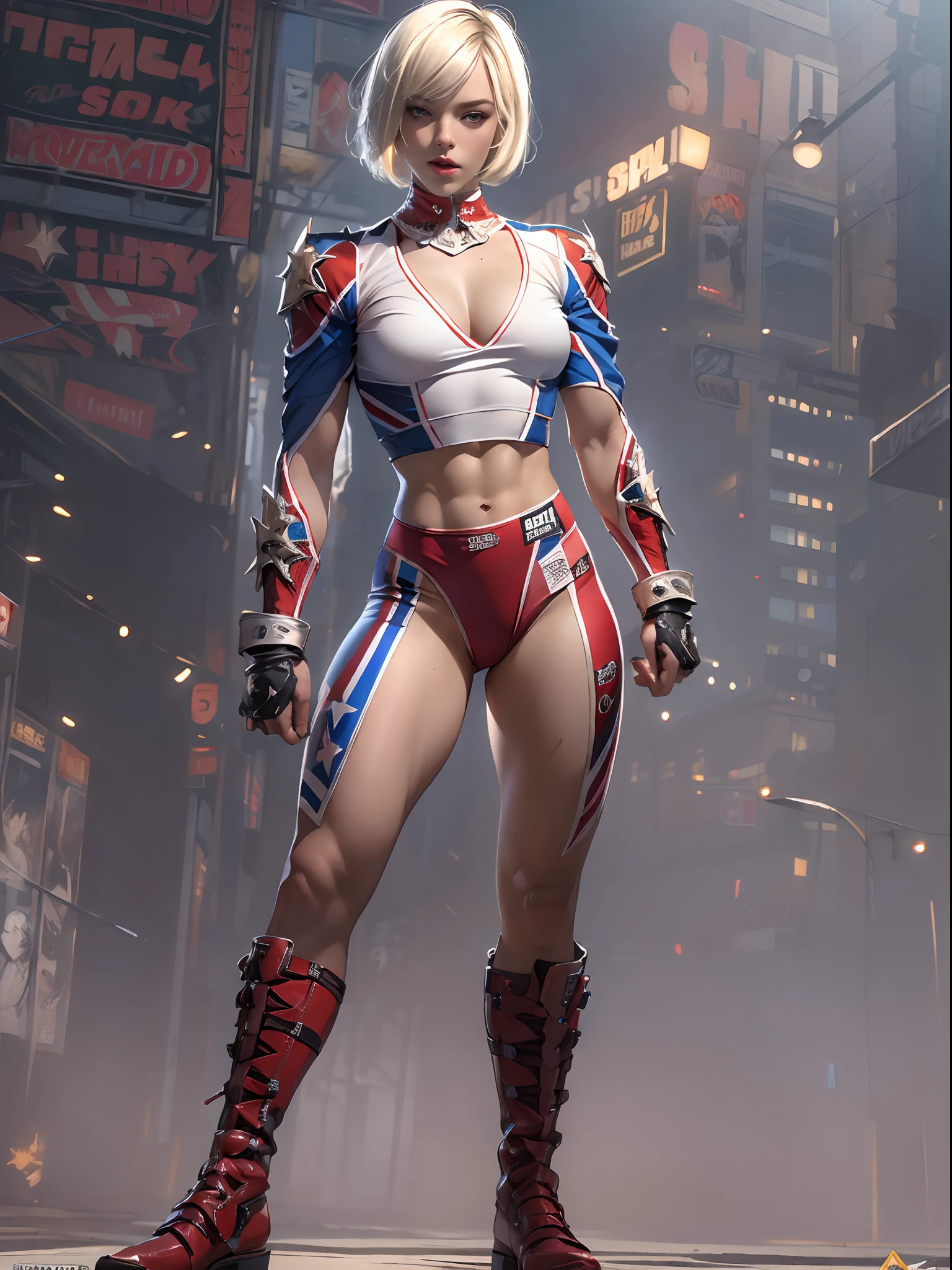 (((of the highest quality: 1.4))),(unparalleled masterpiece ever), (Ultra high definition),(Ultra-realistic 8K CG), offcial art、 (((adult body))), (((1girl in))), ((( Bob Shorthair ))), 25-year-old female wrestler with perfect body, Detailed professional wrestling costumes,Beautiful and well-groomed face,,Detailed jacket, (Image from head to thigh),(( White Blonde Bob Shorthair )), Small leather panties, Simon Bisley's urban savage style,muscular body:1.2, Detailed ring background,Clean abs, Complex graphic gauntlets, Dark red with white stars and blue and white stripes, s Armor, Poison tattoo ),spot light ,