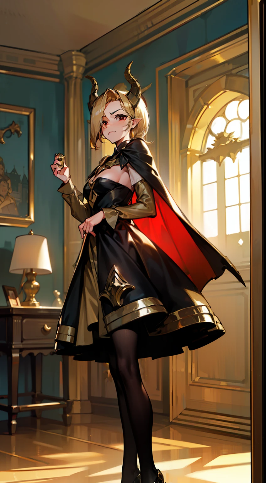 1woman,40s,solo,angry face,golden and black short dress,medium tits,golden hair,long hair,red eyes,elves ears,golden horns,pantyhose,((cape)),hair over one eye,gold high heels,(((standing in front of a room inside a castle)))