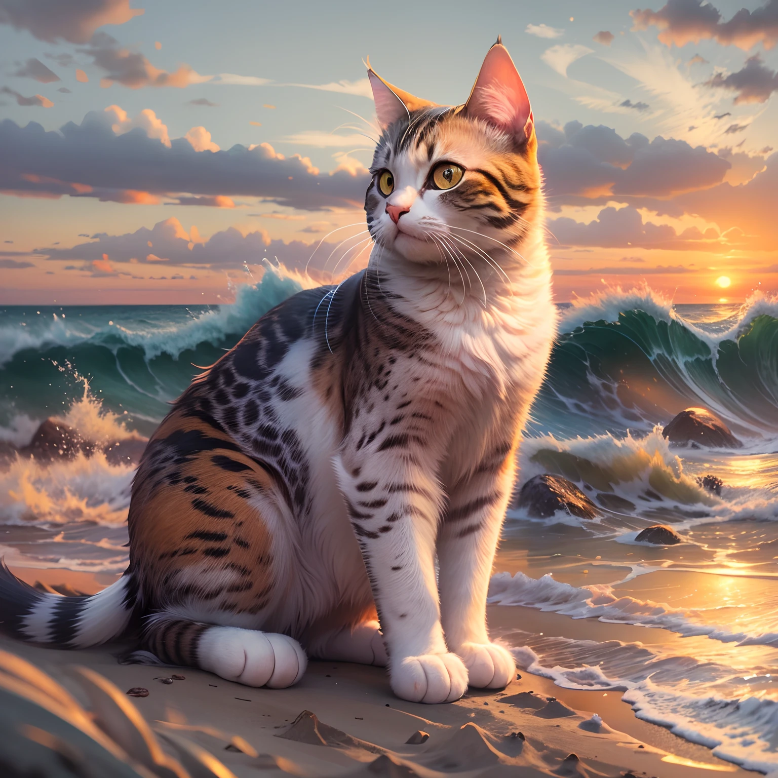 1 cat with round eyes , seaside, waves, sunset, mountain , masterpiece, high quality. detailed.