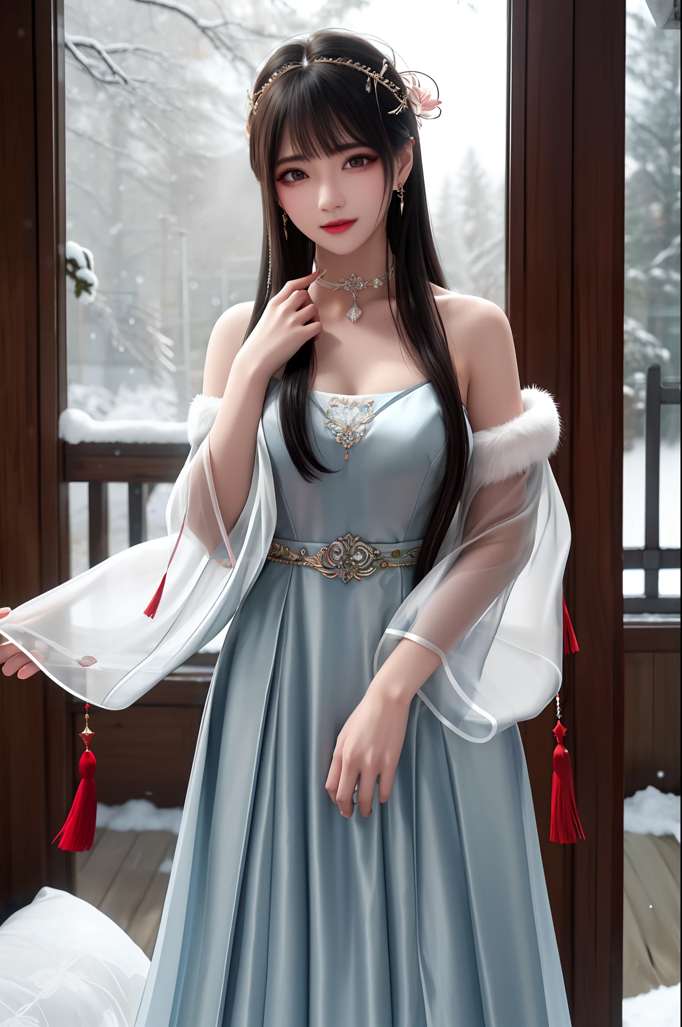 best qualityer，8K， tmasterpiece， A high resolution， 1girll， Clear silk porcelain dress， Fur coat， hair adornments， ssmile， Keep one's mouth shut， cparted lips，Large breasts，Shoulder， shift dresses， hair adornments， choker necklace， jewely， Chinese outfit， long whitr hair， 耳Nipple Ring， Detailed beautiful eyes， detailed eyelashes， beautiful  face，after sexing_Body， Tyndall effect，realisticlying， edge lit， twotonelighting，（highdetailskin：1.2）， 8K, Ultra HD， digital SLR camera， gentle illumination， high high quality， Volumetriclighting， Frankness， photore， A high resolution， Bokeh， at a forest， Falling snow， Winters， in the afternoon