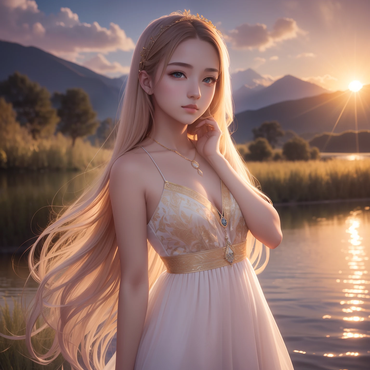 1 girl, serene expression, mesmerizing eyes, straight long hair, flowing dress, poised posture, porcelain skin, subtle blush, crystal pendant
BREAK
golden hour, (rim lighting):1.2, warm tones, sun flare, soft shadows, vibrant colors, painterly effect, dreamy atmosphere
BREAK
scenic lake, distant mountains, willow tree, calm water, reflection, sunlit clouds, peaceful ambiance, idyllic sunset, ultra detailed, official art, unity 8k wallpaper
, zentangle, mandala