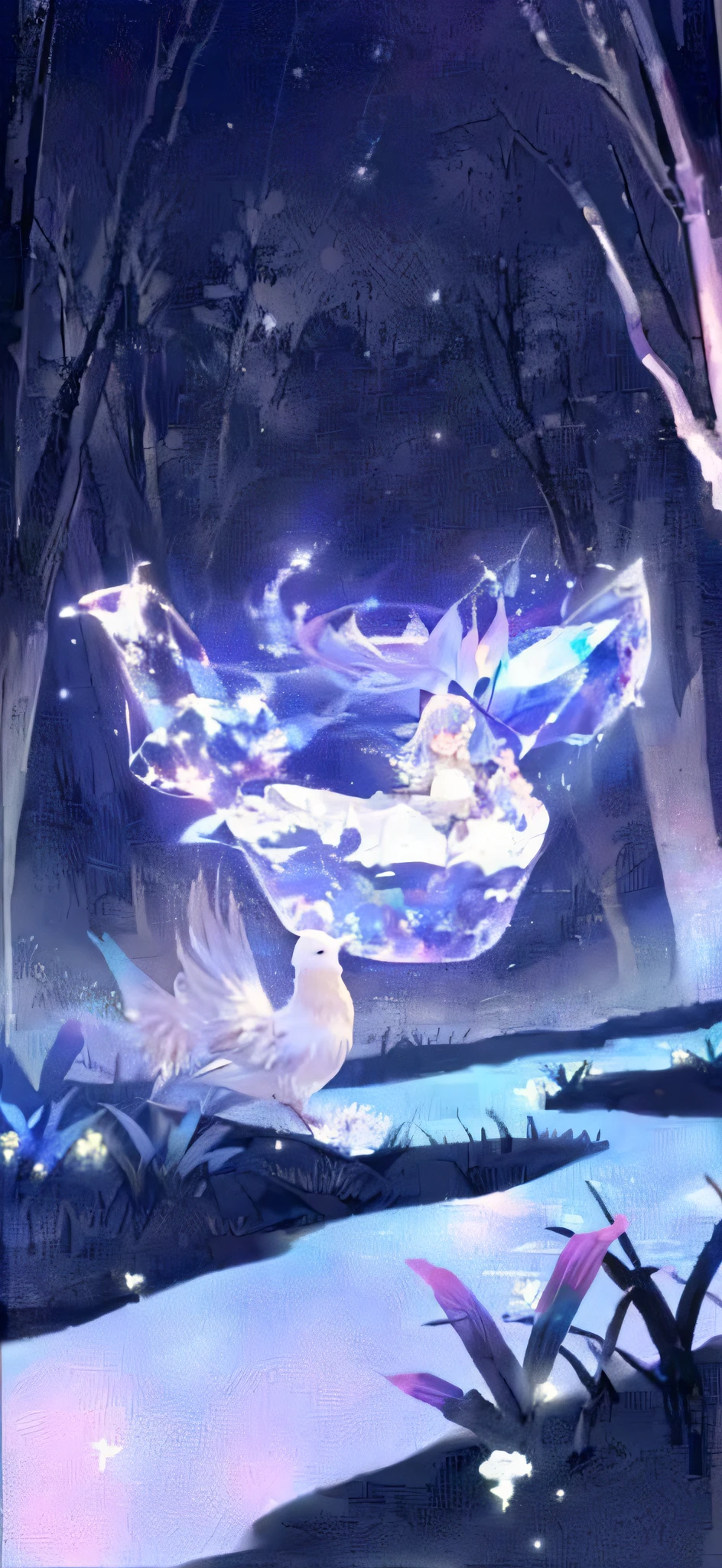 Anime scene of snowy forest with streams and white birds, astral fairy, hologram hovering around her, concept art magical highlight, ethereal essence, astral ethereal, ophanim has bird wings, from touhou, frost gem, Made of crystal, ashes crystal, graphic of enchanted terrarium, discord pfp, irridescent ghostly, floating crystals