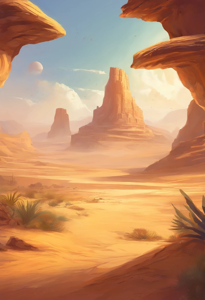 Yellow sand in the sky，The background is a vast desert, Desert oasis，digital landscape art, Detailed scenery —width 672, landscape artwork, environment design illustration, scenery art detailed, Desert oasis landscape, concept-art, 4k highly detailed digital art, 4 k digital painting, 4k digital painting, stunning digital illustration, Desert background, digital painting concept art, Detailed digital painting